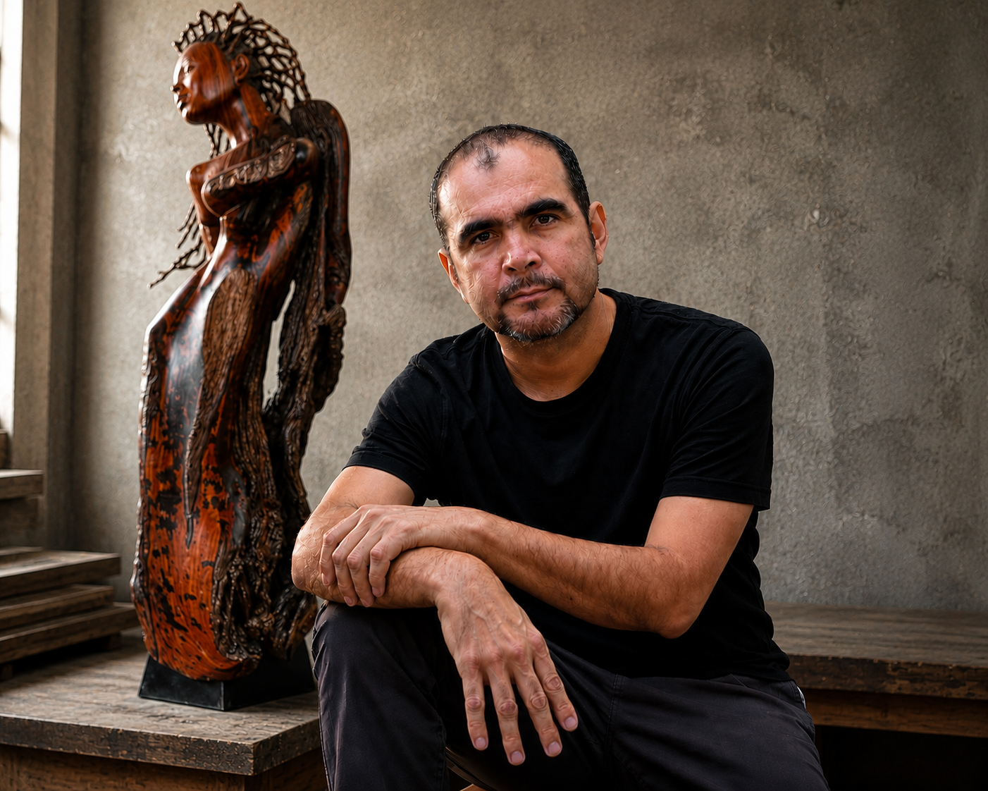Hombre sentado junto a una escultura de madera de una figura femenina en un espacio interior.