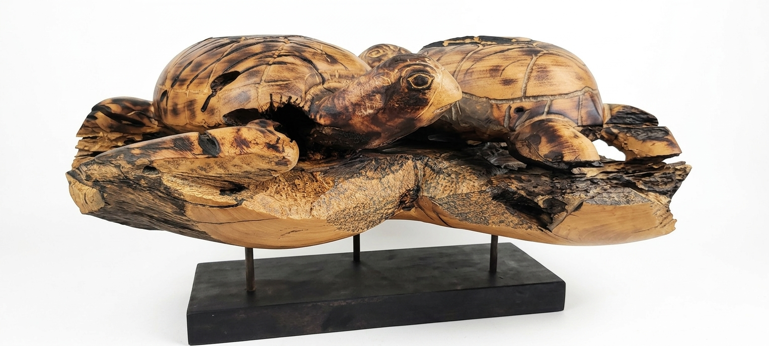 Carved wooden sculpture of a turtle on a black base.