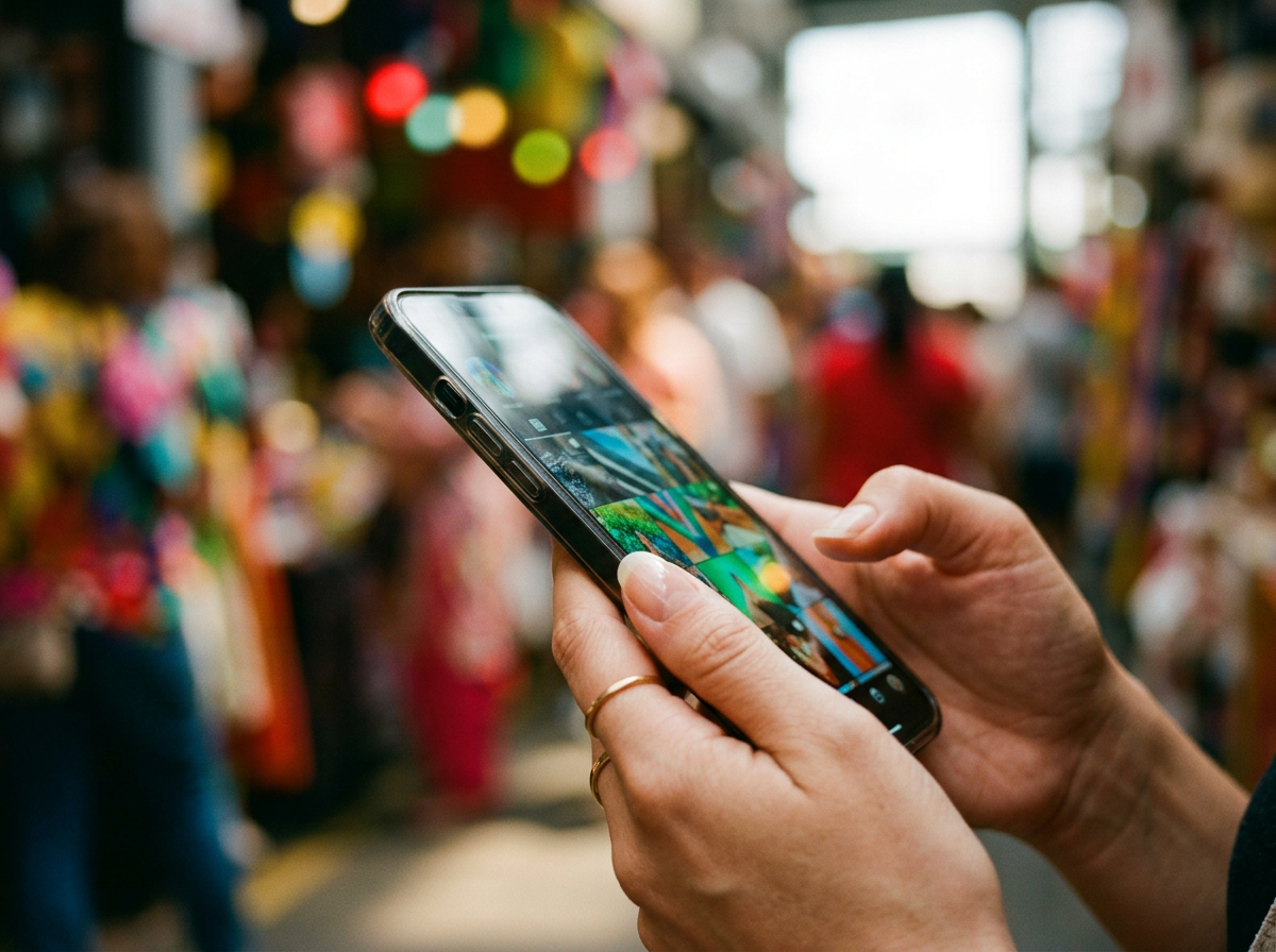 Person holding a smartphone in a colorful, crowded indoor market or shop.