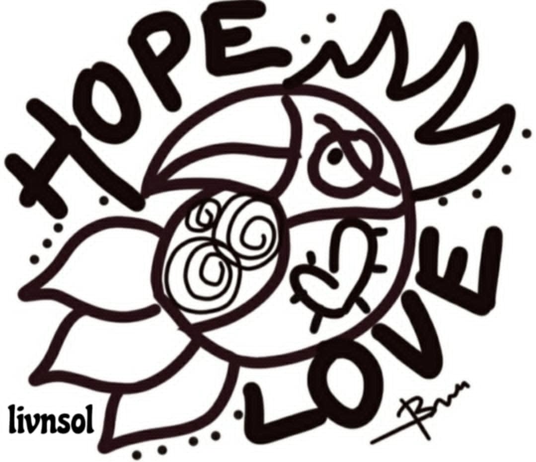 A black and white illustration of a rose with the words "Hope in my Love" and "livinsel" written around it, with a signature at the bottom right.