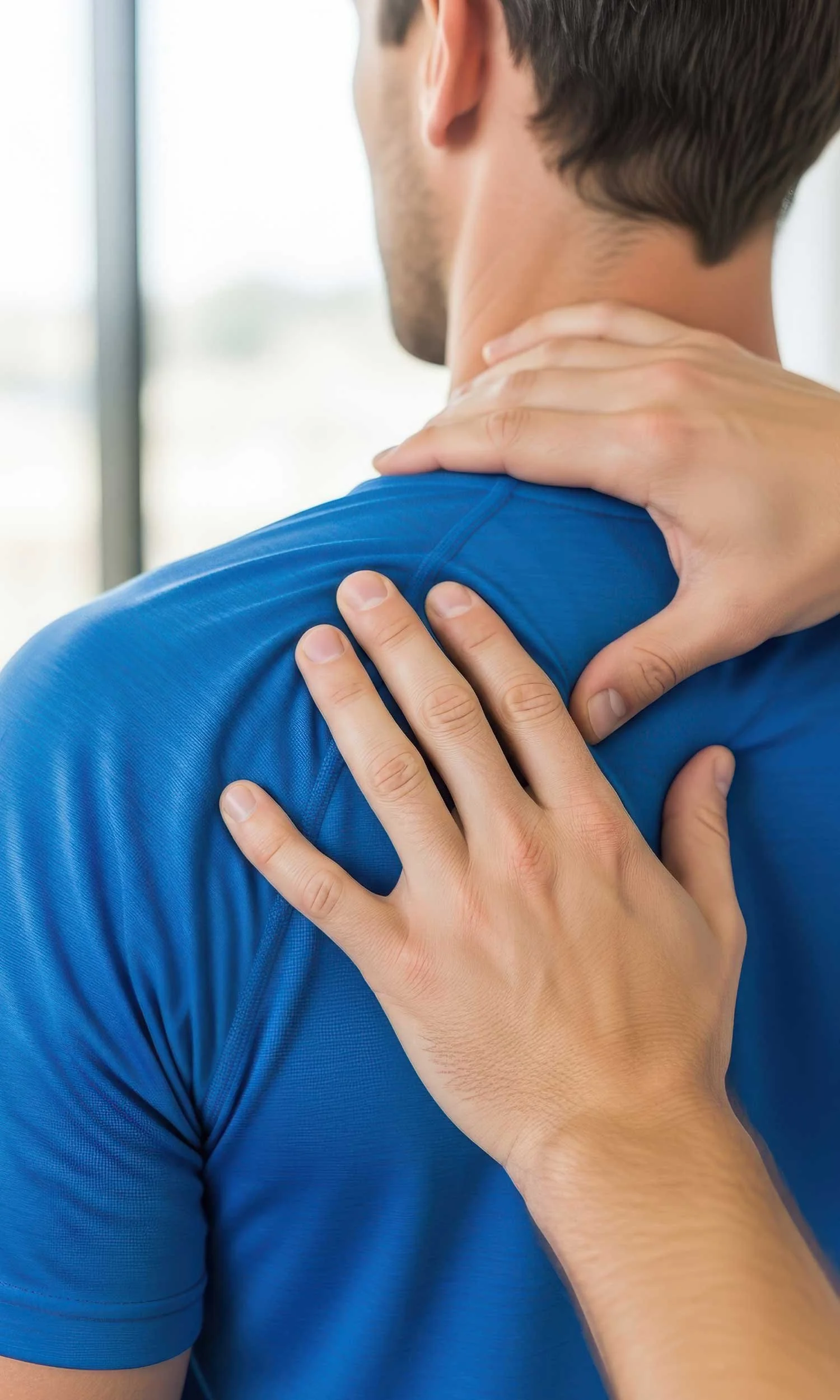 Man standing, getting shoulder massage therapy