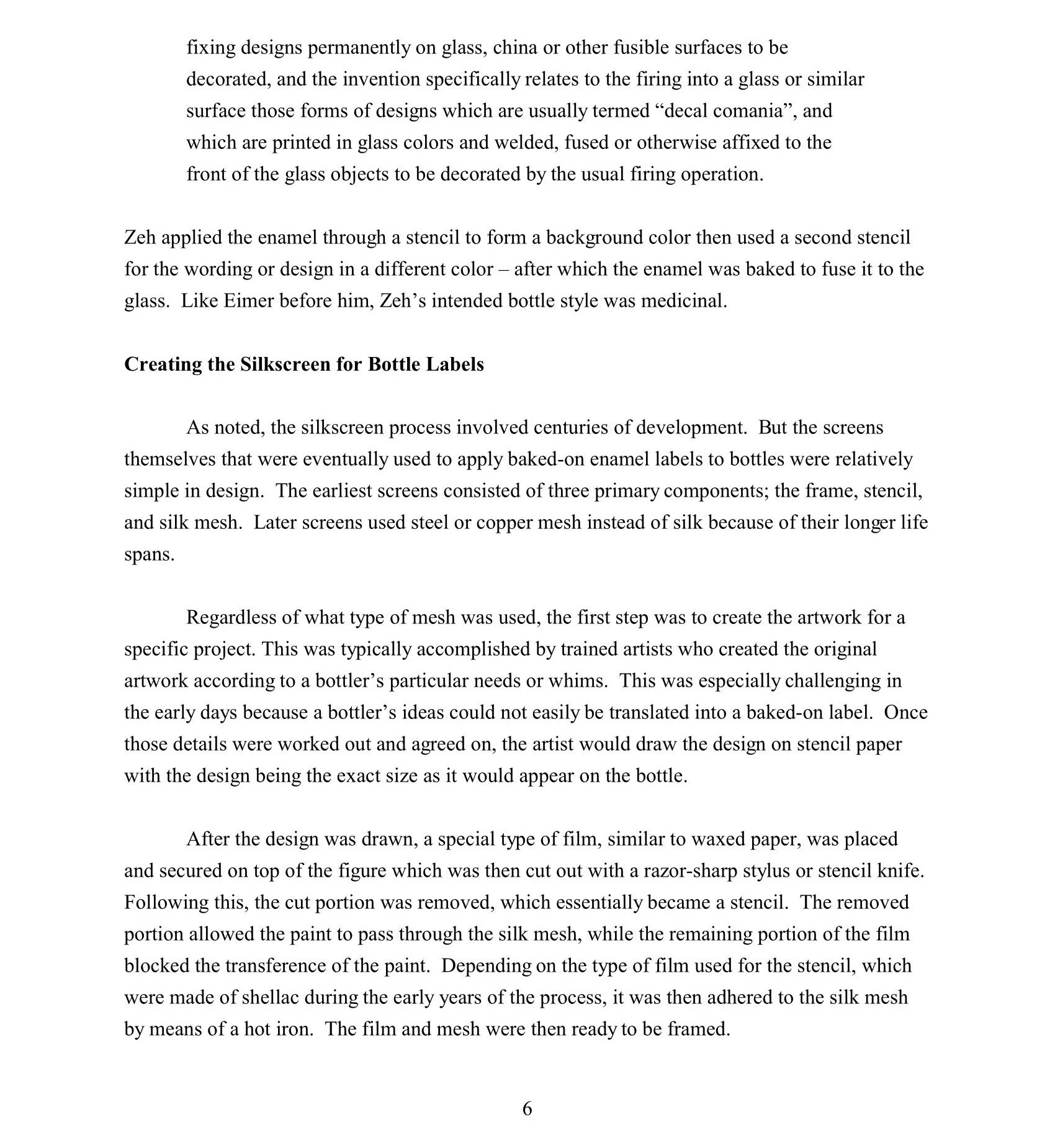 A scanned book page with text explaining glass decoration techniques, including firing, enamel application, silk screening, and film use for bottle labels.