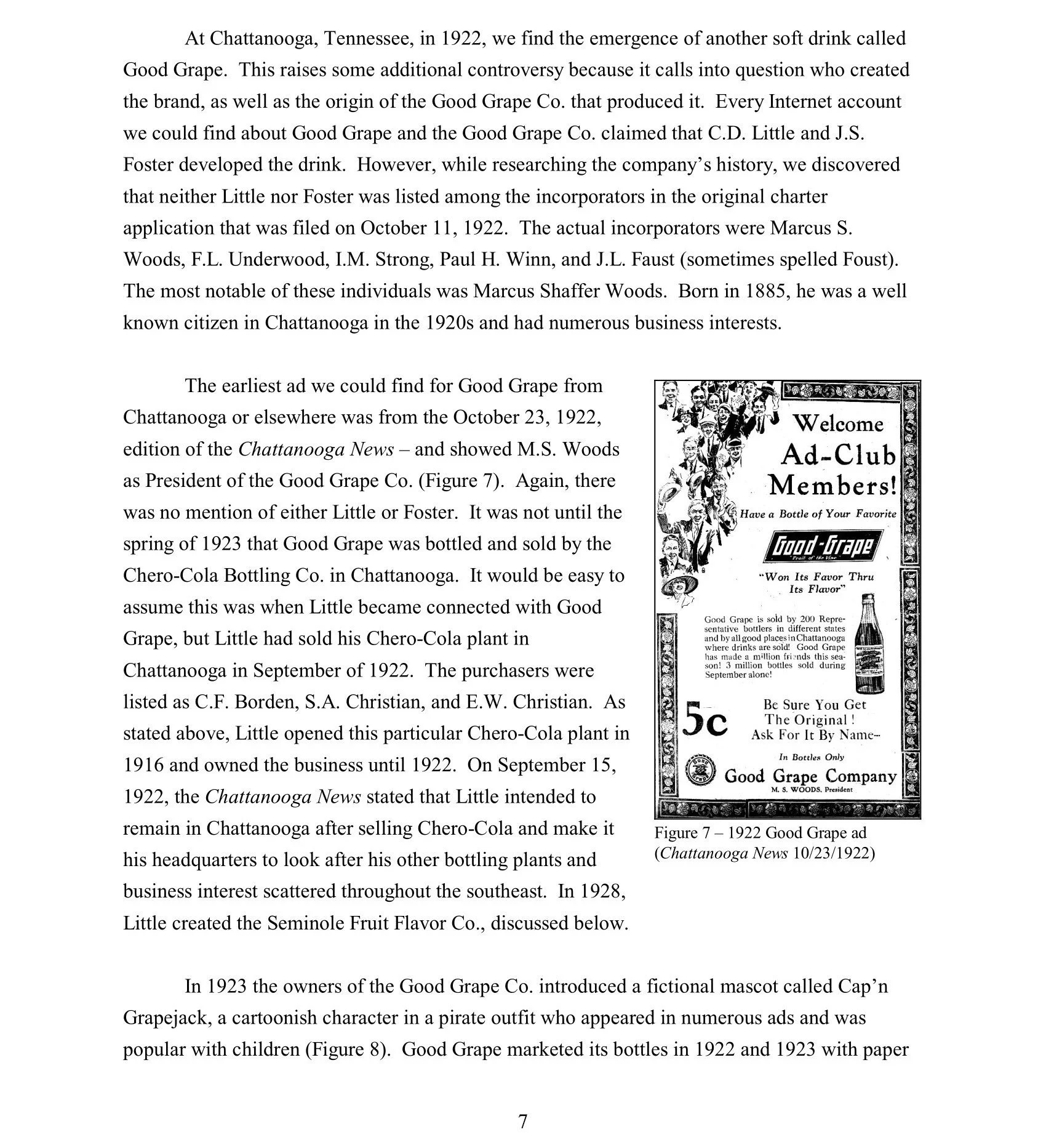 A vintage black and white advertisement for Good Grape from 1922, featuring illustrations of people and text promoting the product, with a decorative border.