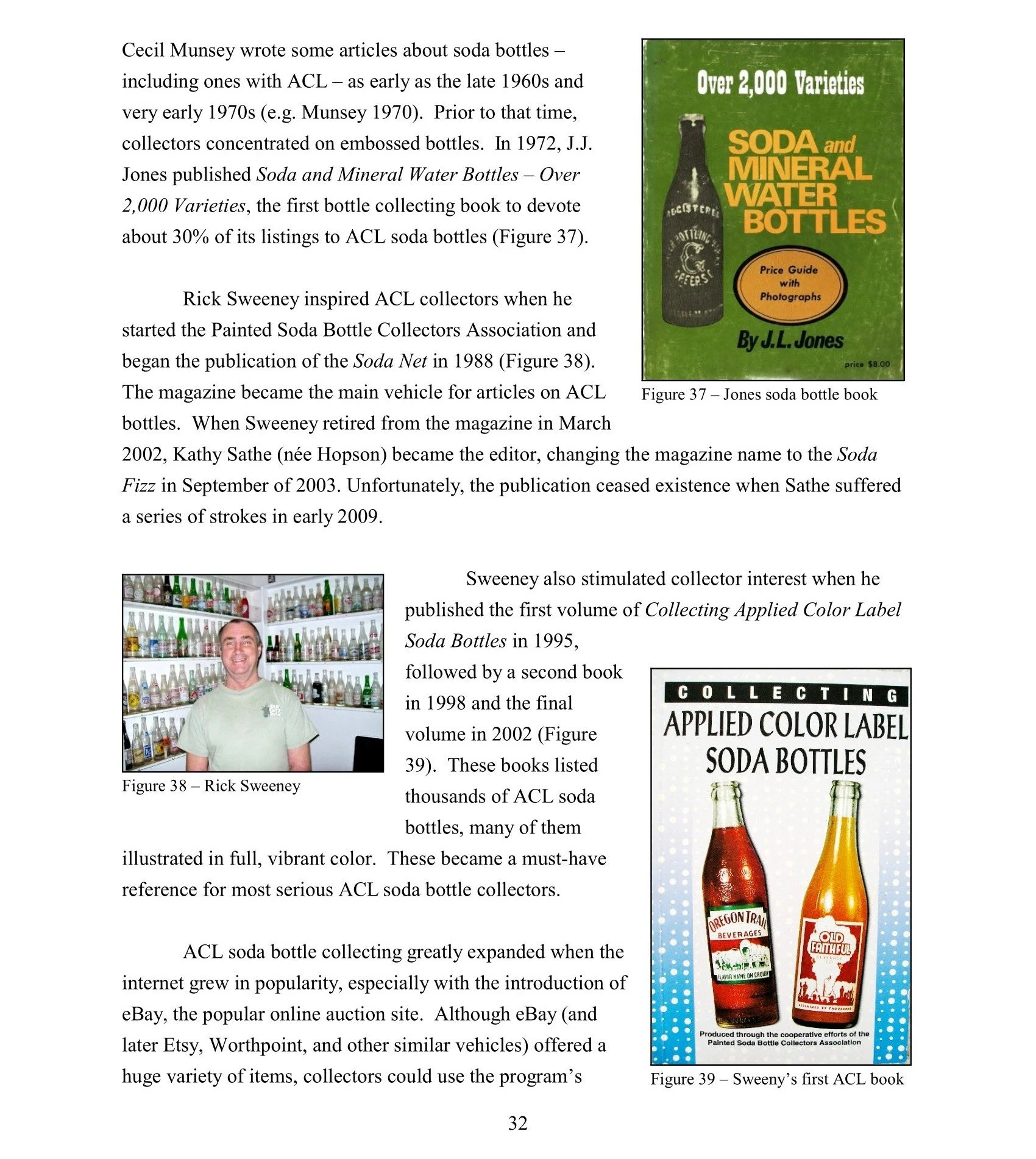 Book cover titled "Over 2,000 Varieties Soda and Mineral Water Bottles" by J. L. Jones, featuring a green background with an illustration of a soda bottle and a circular orange label reading "Price Guide with Photographs".