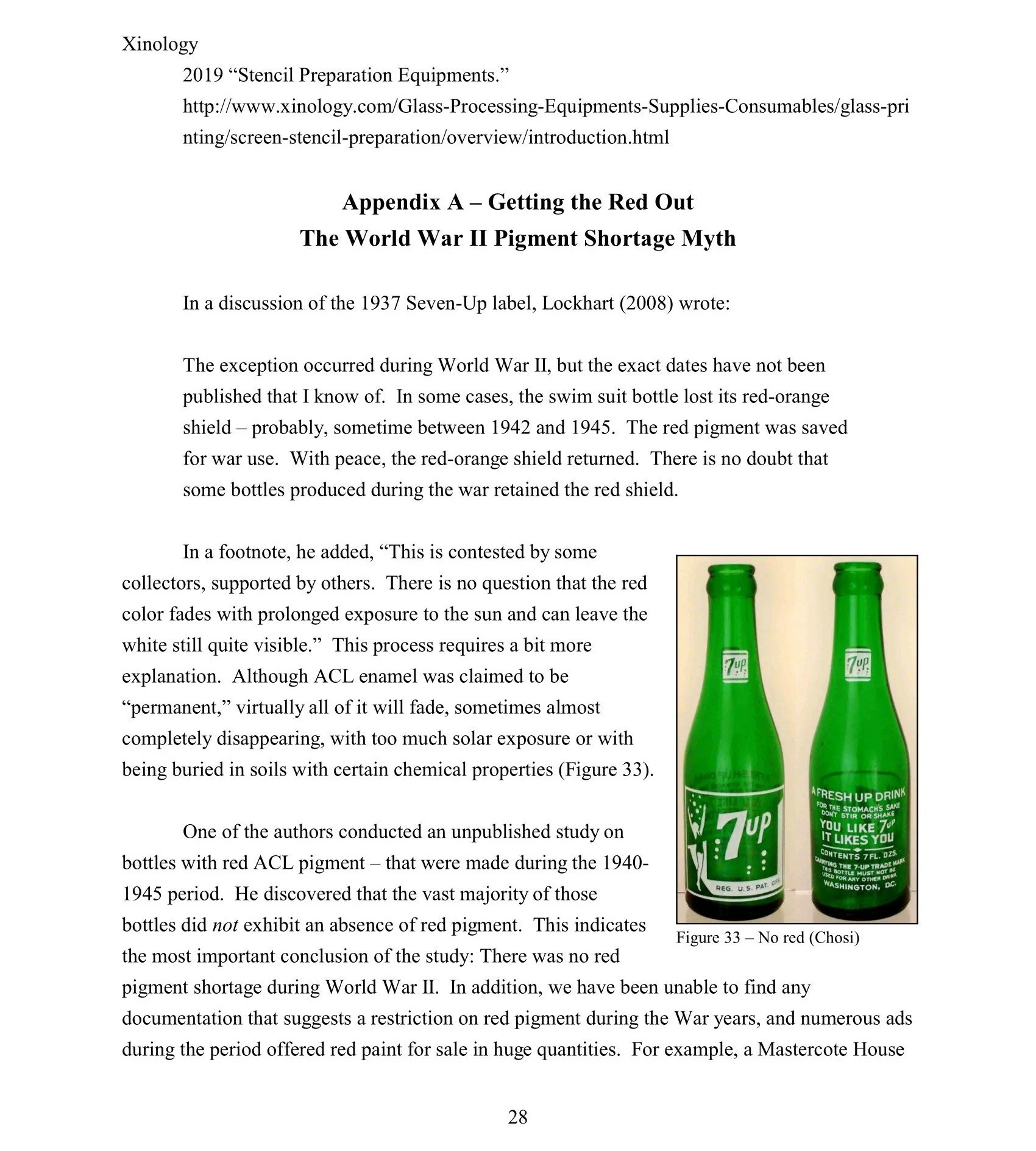 Page from a book discussing the myth of red pigment shortage during World War II, with a photo of two green 7-Up bottles labeled with humorous slogans.