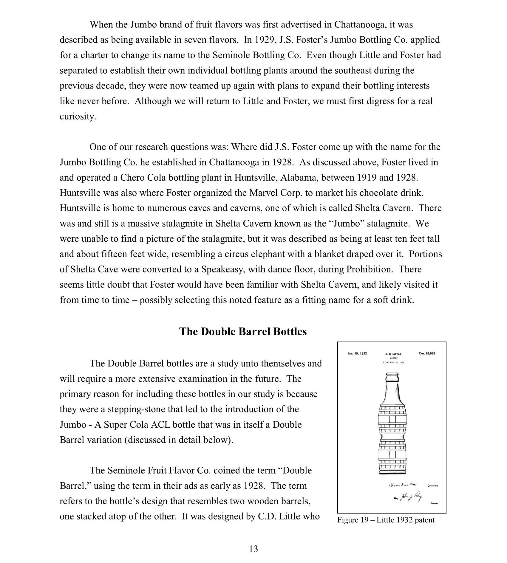 A scanned page from a book discussing the history of Jumbo brand fruit flavors and the development of double barrel bottles. Contains text and a black-and-white drawing of a bottle labeled 'Little 1932 patent'.