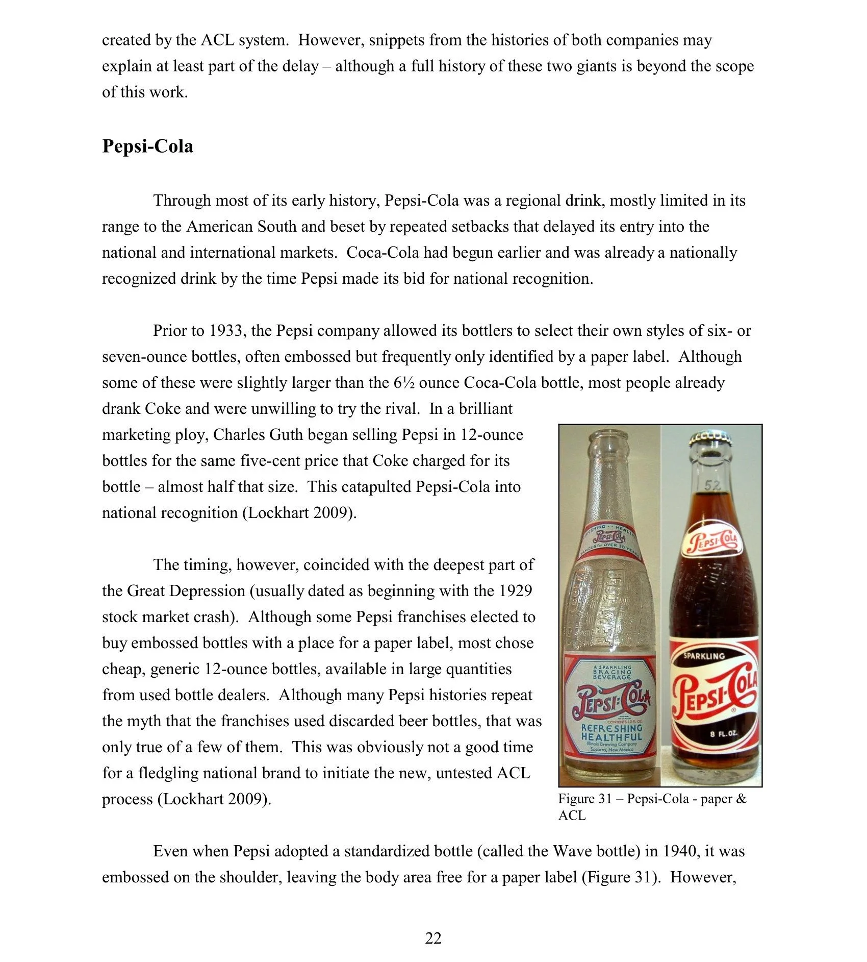 Photograph of two Pepsi Cola bottles, one clear glass and one brown glass, with labels featuring the Pepsi logo and the words 'Pepsi Cola'. The clear bottle has a blue and red label with a slogan, and the brown bottle has a red and white label with t