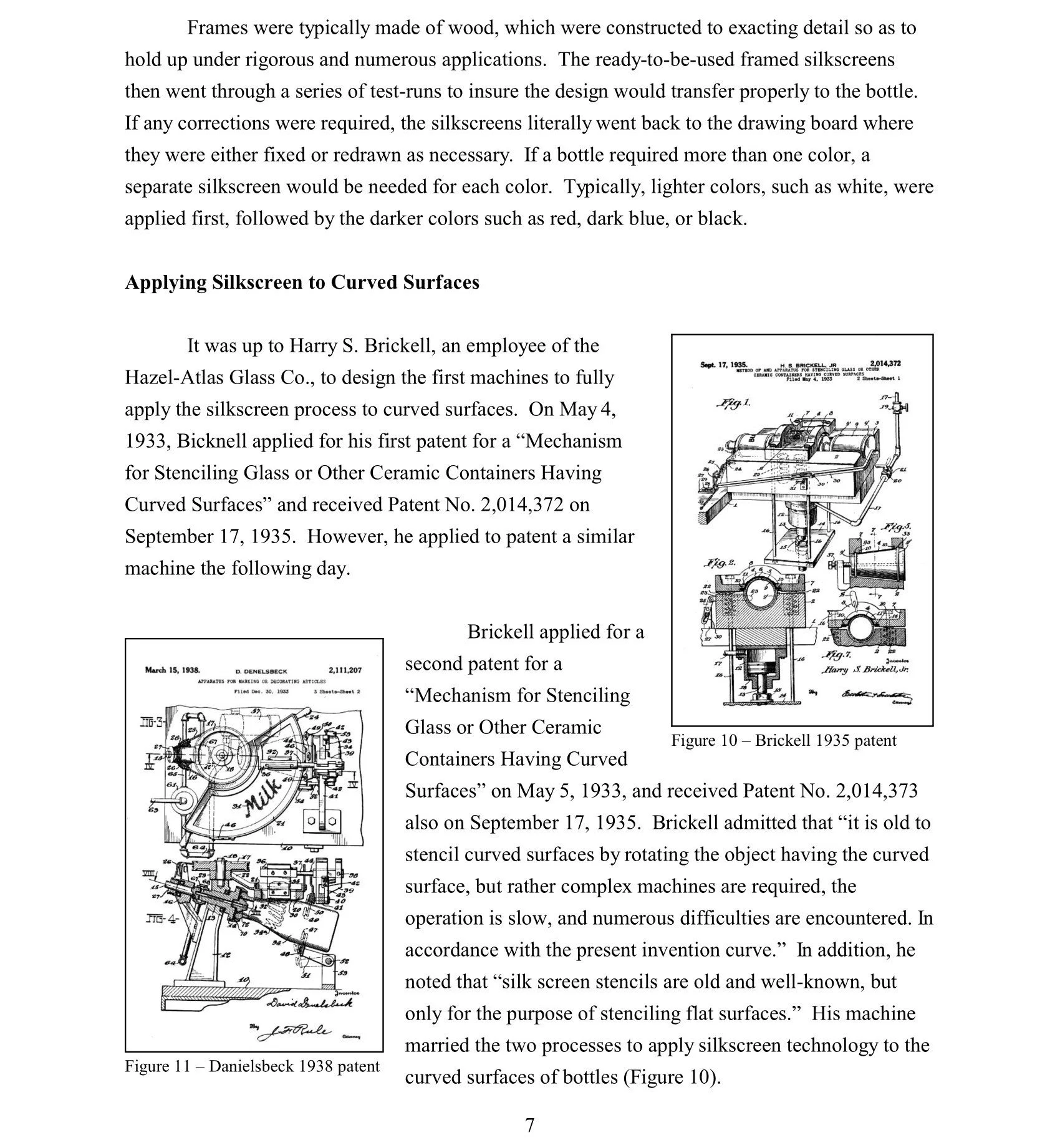 Page from a technical document with detailed text and black-and-white engineering sketches of machinery, including a diagram labeled 'Fig.1' and a patent application figure labeled 'Fig. 10' and 'Fig.11'. The text discusses manufacturing processes fo