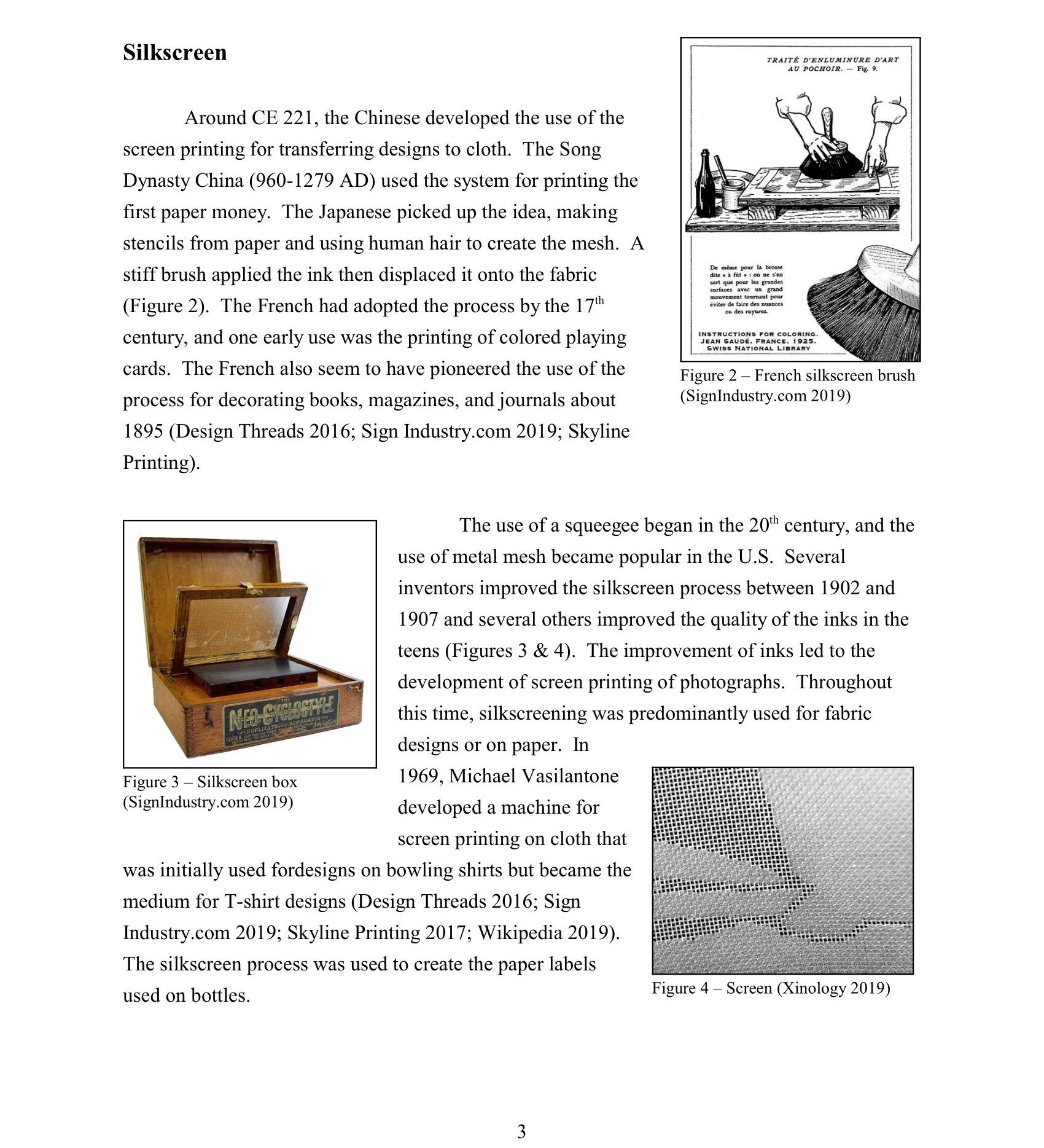 Black and white illustration of a French silkscreen brush with a large bristle head and a handle, depicted in the top right corner of the page.