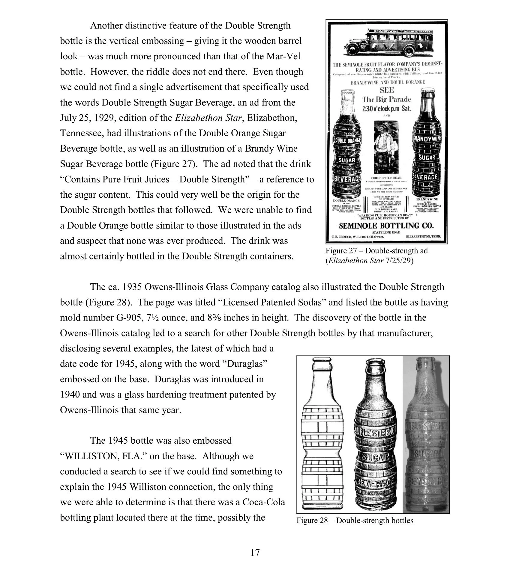 Black and white advertisement for Double Orange and Brandywine double strength bottles, with illustrations of the bottles and a vintage bus at the top.