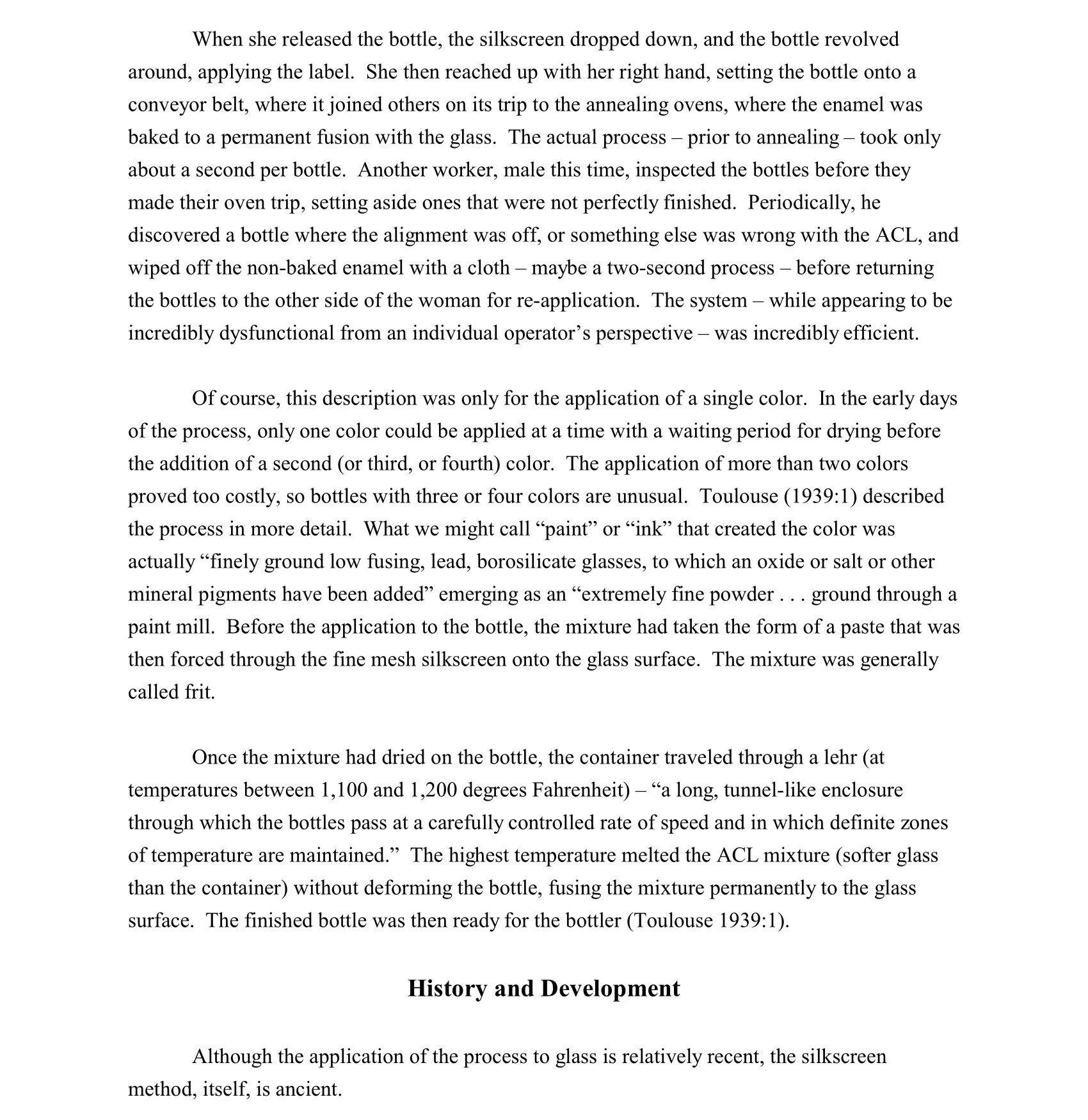 Text excerpt about glassblowing and manufacturing process, discussing bottle annealing, enamel firing, and silkscreen technique.