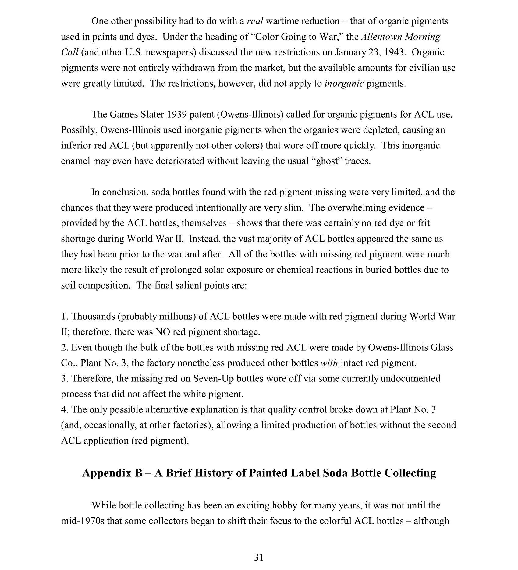 This is a page from a book or article discussing the history of painted label soda bottle collecting, focusing on the use of organic versus inorganic pigments in soda bottles, with specific reference to World War II and ACL bottles with missing red p