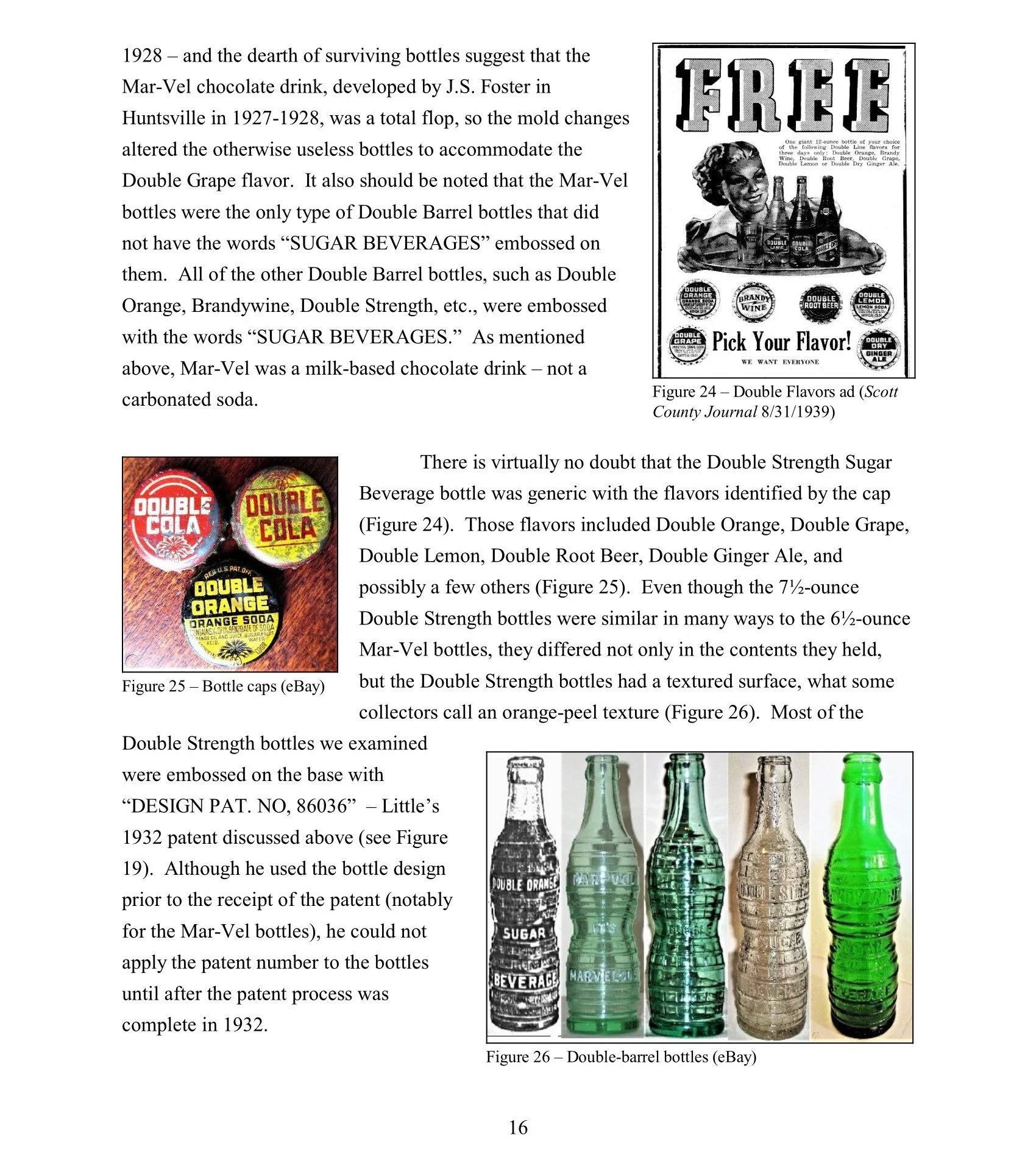 Image of six glass double-barrel soda bottles, each with different colors and labels: black, green, and clear, with some labeled 'Double Orange', 'Double Grape', 'Double Lemon', and 'Double Root Beer'.