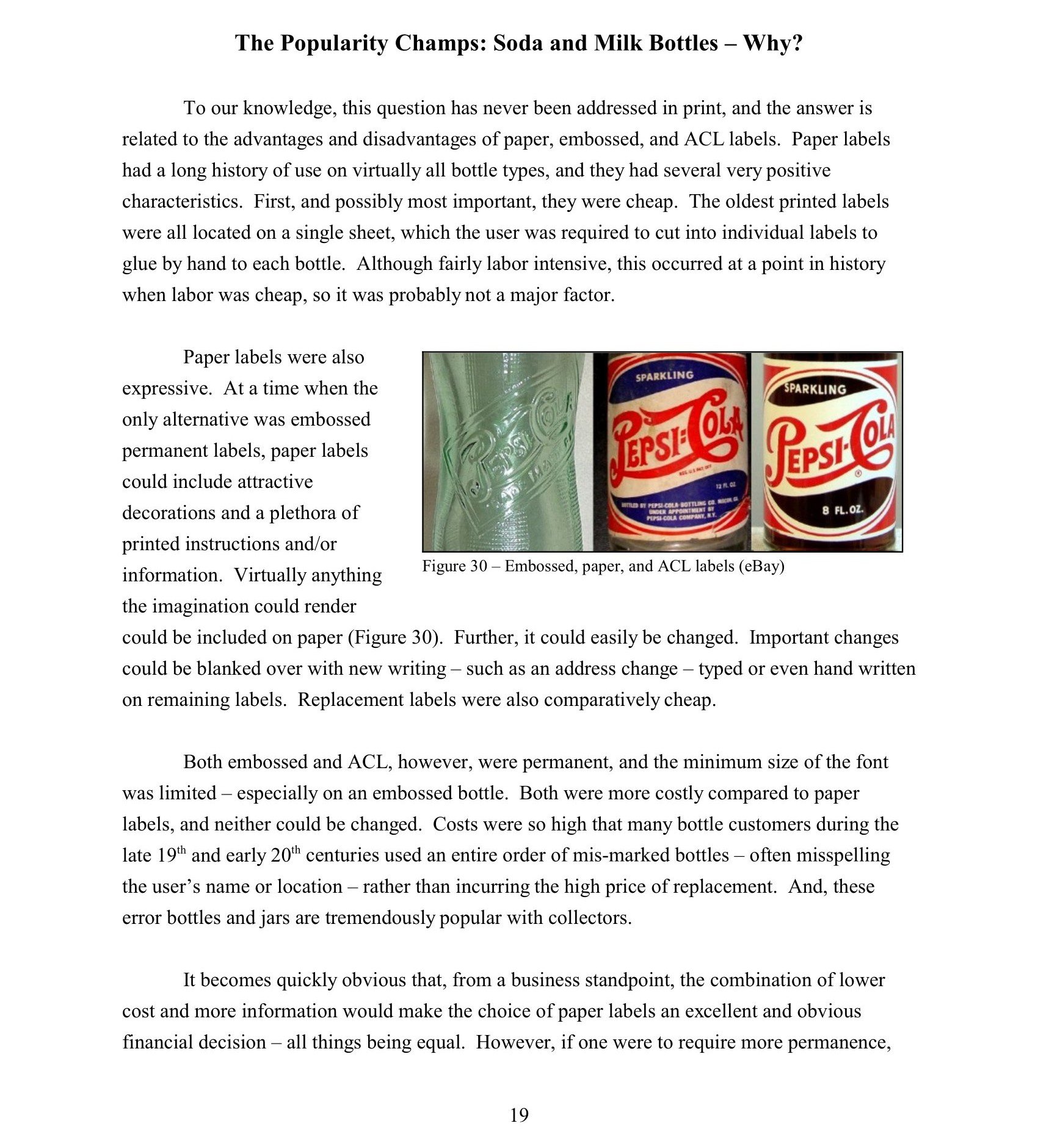 A page from a printed document discussing the advantages and disadvantages of soda and milk bottles, with a photograph of a green embossed bottle and two Pepsi-Cola soda cans, one with a red, white, and blue design and the other with a red and white 