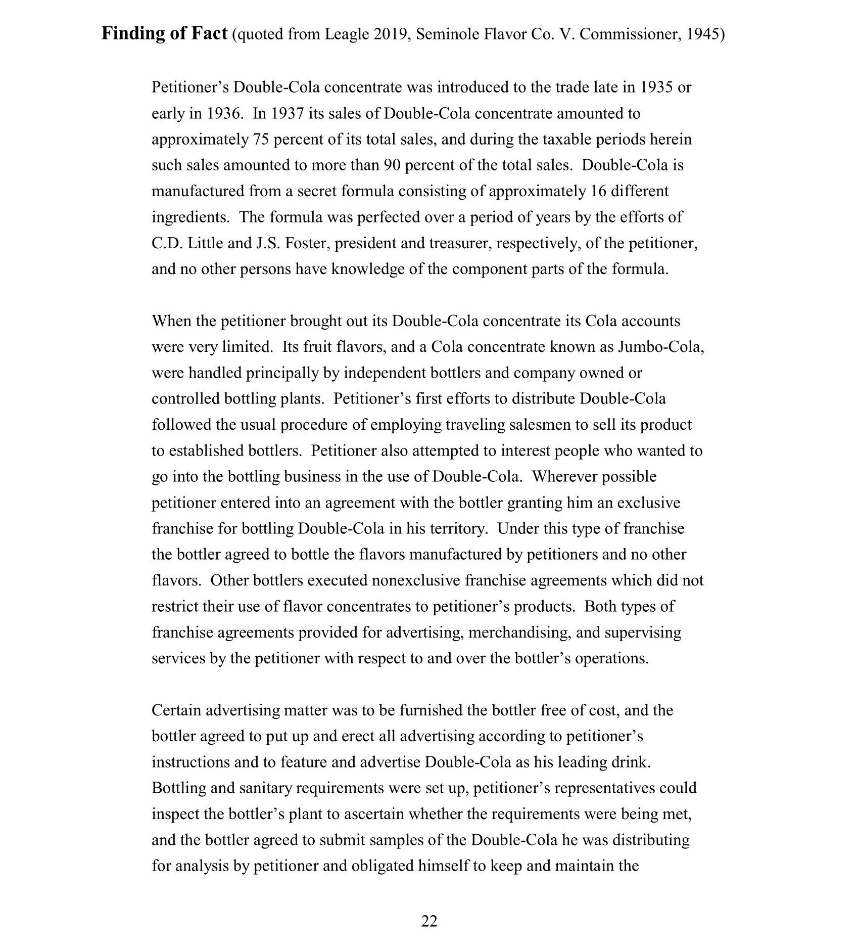 A document titled "Finding of Fact" with a citation to Leagle 2019, Seminole Flavor Co. V. Commissioner, 1945. The text discusses the history and production of Double-Cola, including details about the formula, distribution efforts, and franchise agre
