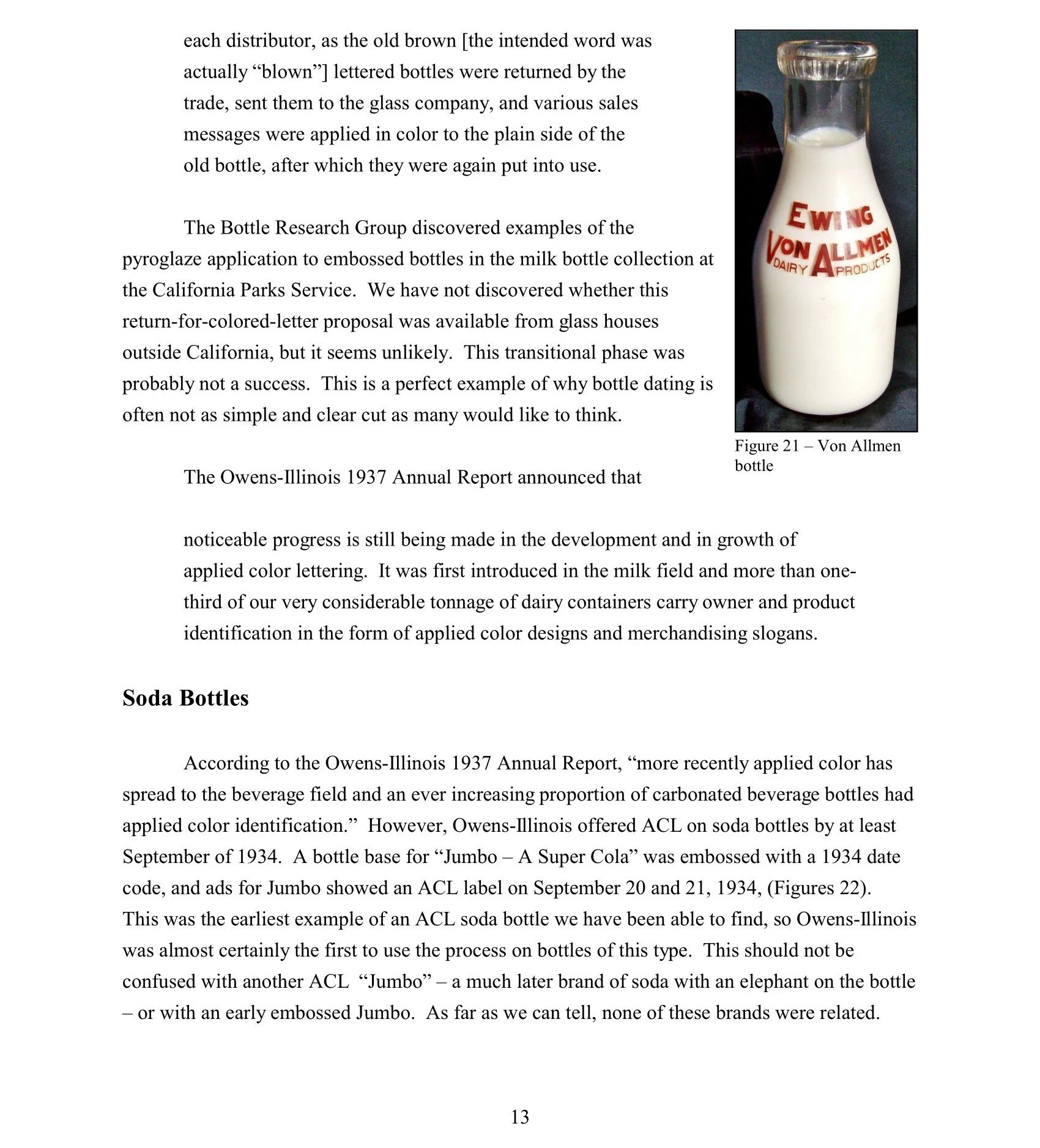 A tall glass milk bottle with red text reading 'Ewing von Allmen Dairy & Products.'