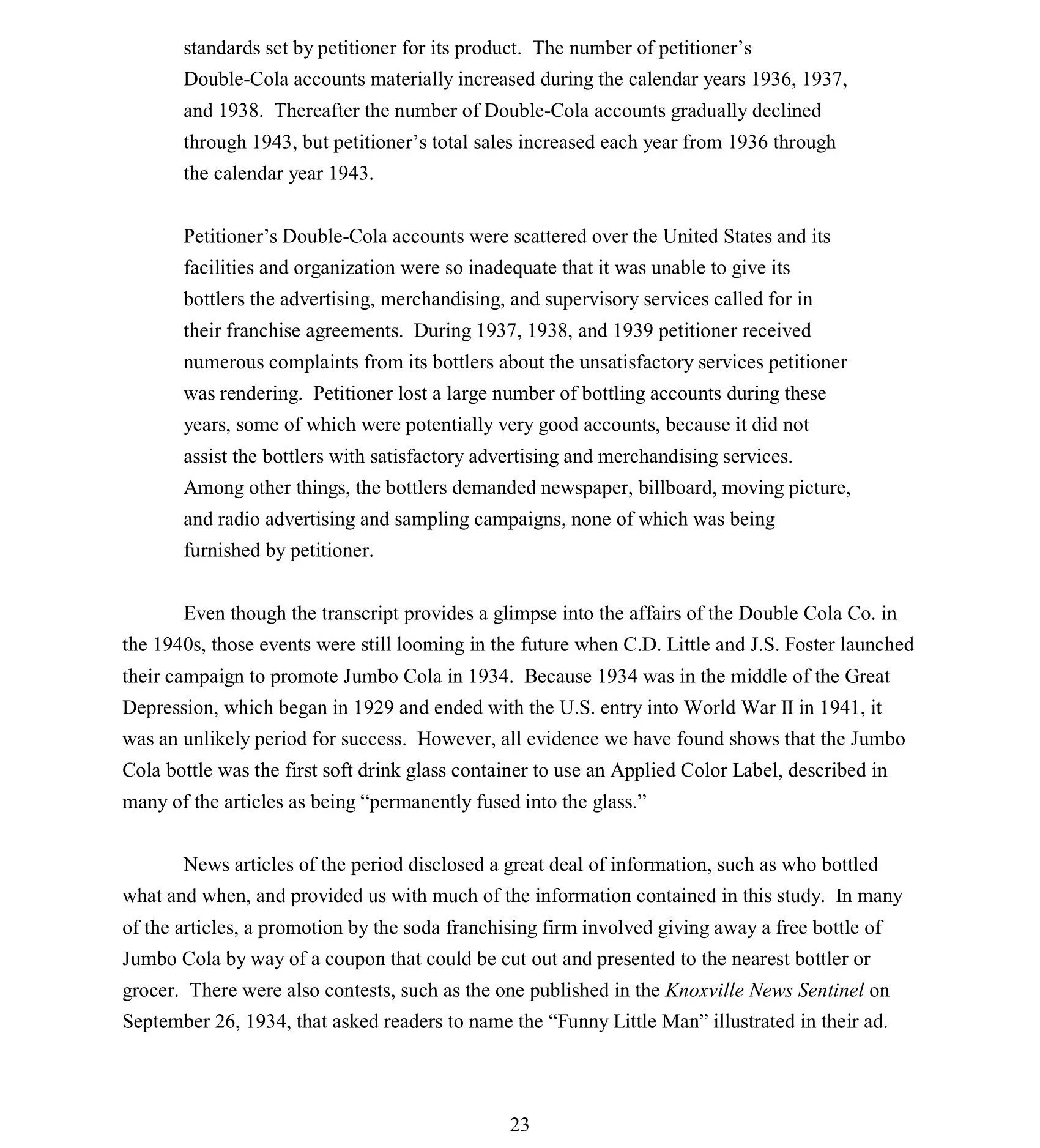 Text from a printed page discussing the history of Double-Cola, its sales, advertising challenges, and promotional campaigns, with the page number 23 at the bottom.