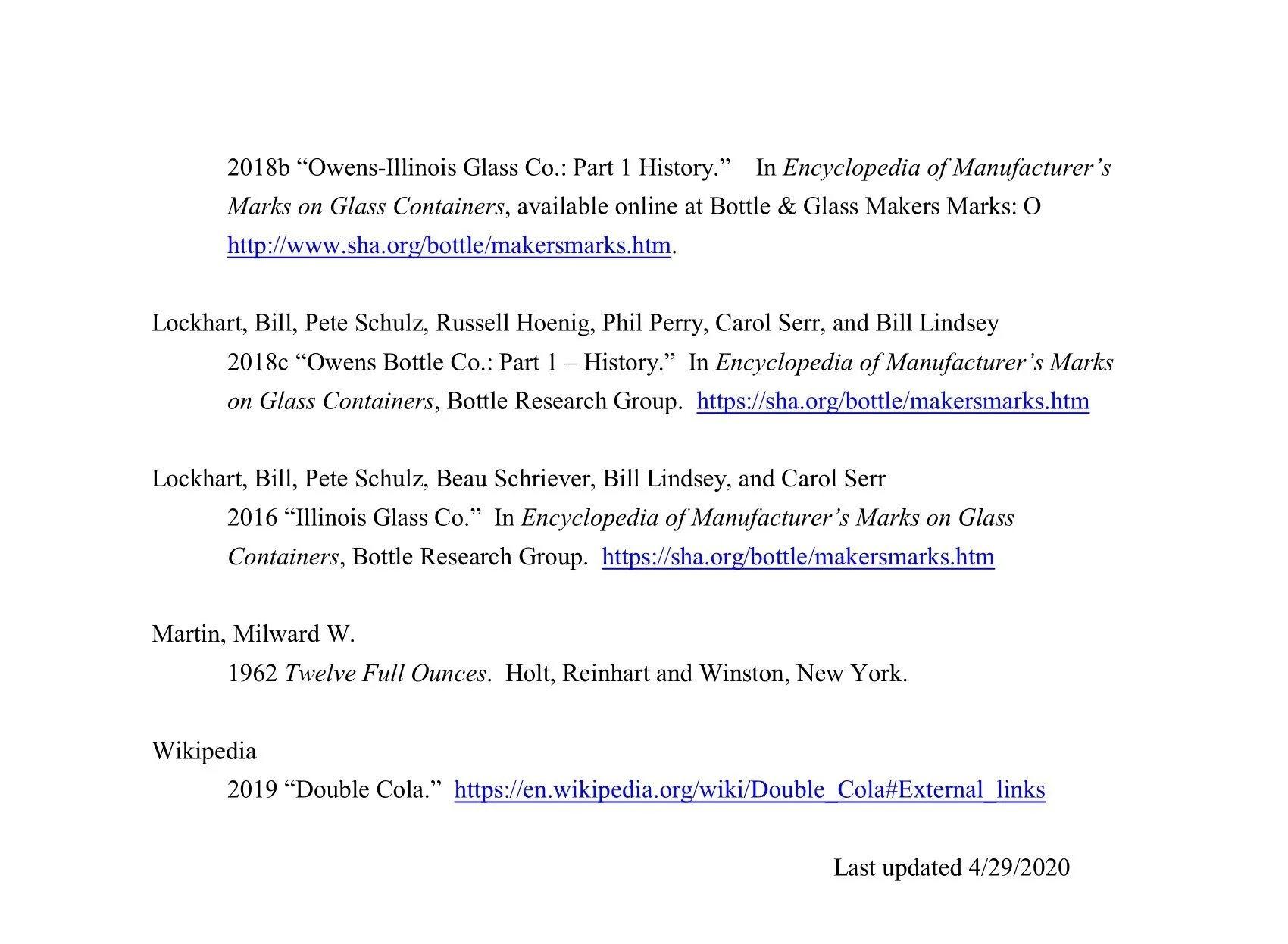 Screenshot of a references section from a document listing various sources related to glass containers. It includes publication titles, authors, years, and hyperlinks.