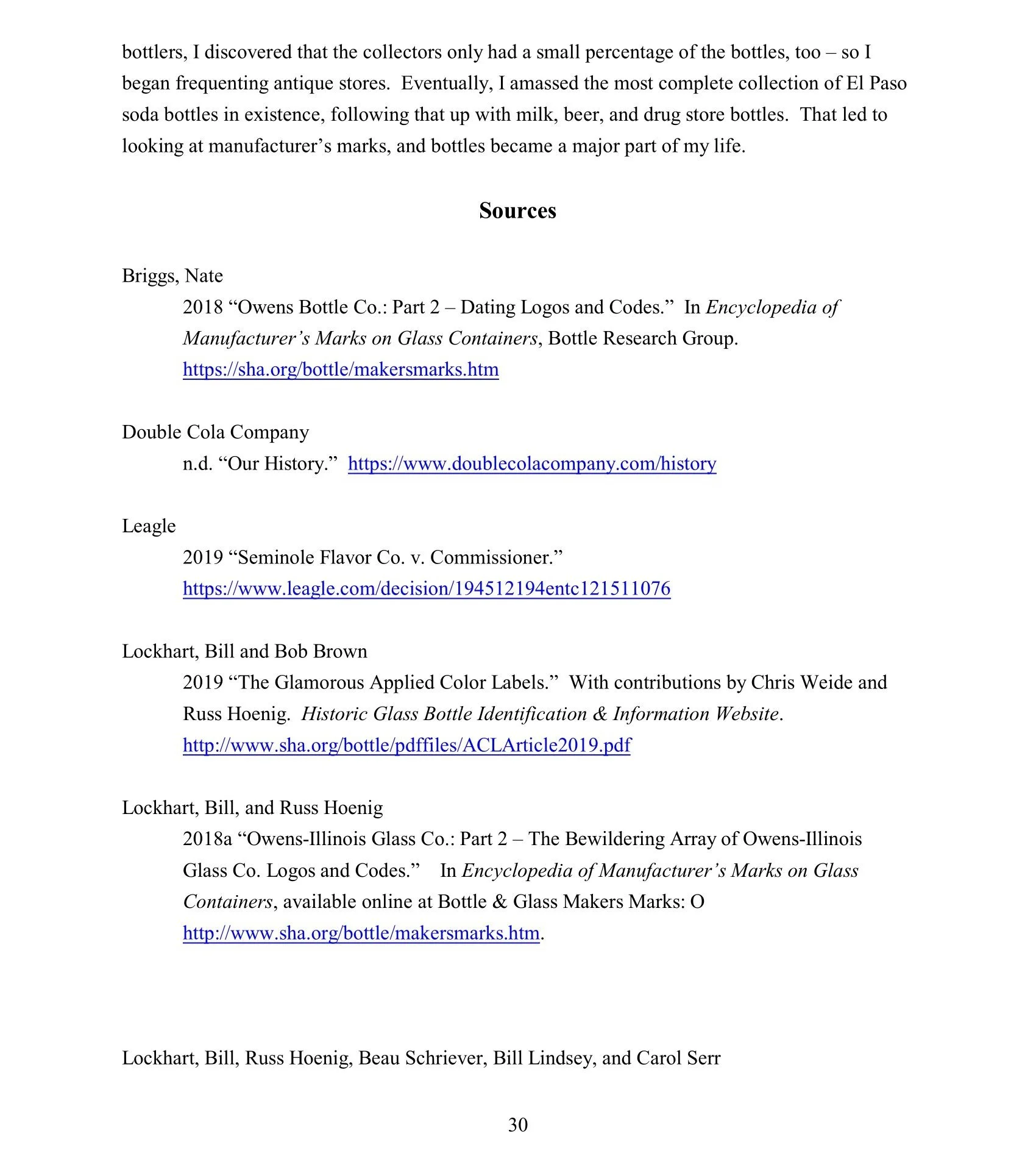 A digital screenshot of a bibliography or reference section from a research document, listing multiple sources related to glass bottle manufacturing, with URLs included.