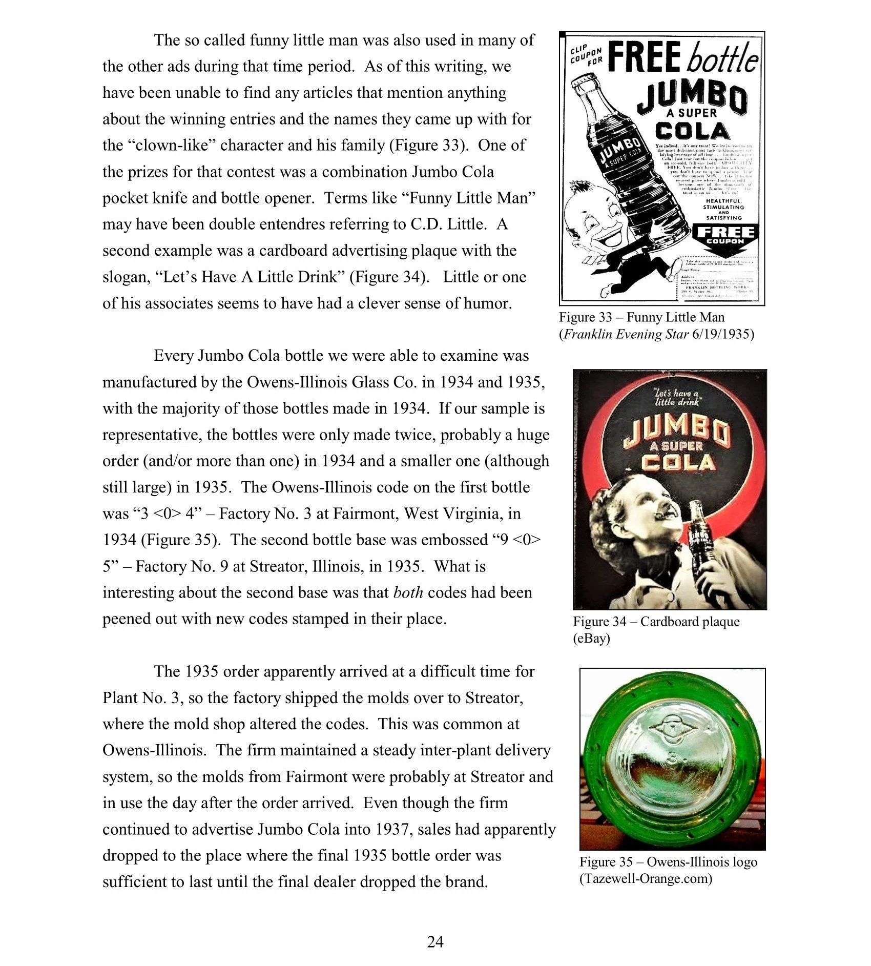 The image shows a vintage black-and-white advertisement for a free Jumbo Cola in a cartoon style, featuring a smiling man holding a large bottle of soda with exaggerated features, including a big head and tiny body. The ad text promotes the offer and