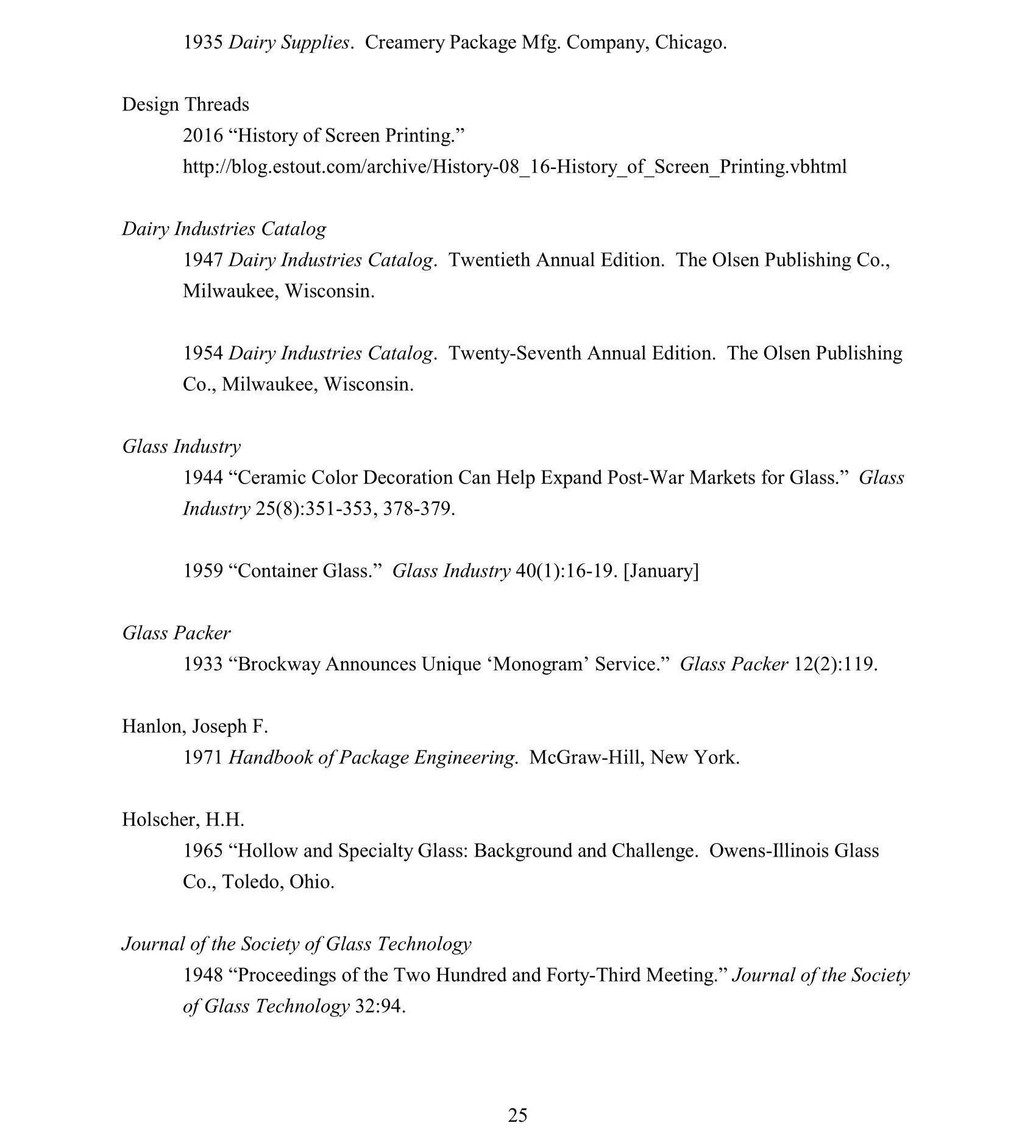 A page from a scholarly journal or publication listing various references related to glass and packaging, including titles, authors, publication years, and sources.