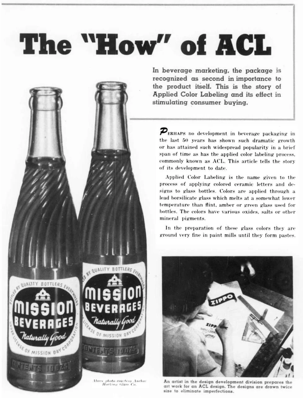 Black and white advertisement featuring two glass bottles with mission branding and labels. Text explains the significance of applied color labeling in beverage packaging, its history, process, and impact on consumer appeal. A small photograph shows 