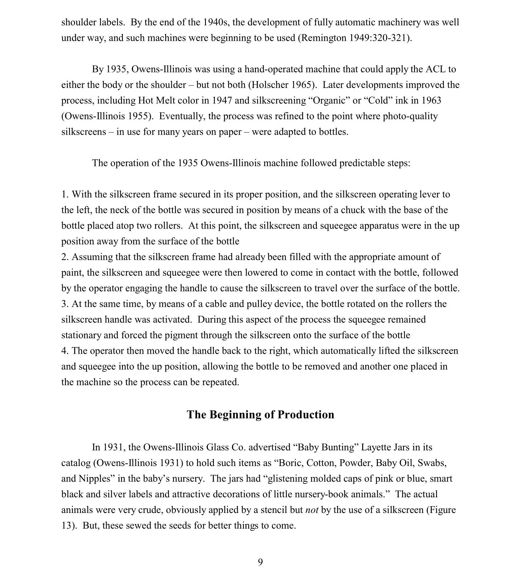 Page from a book with black text on white background, titled 'The Beginning of Production', discussing the history of silk screening technology and process steps.