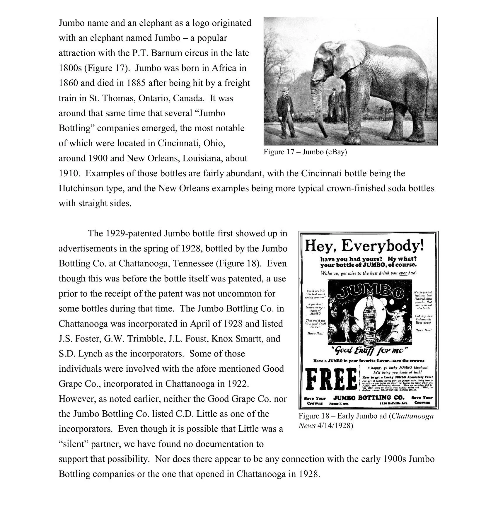 Black-and-white early advertisement for JUMBO, a giant elephant, from 1928, featuring an illustration of the elephant with people around it and promotional text.