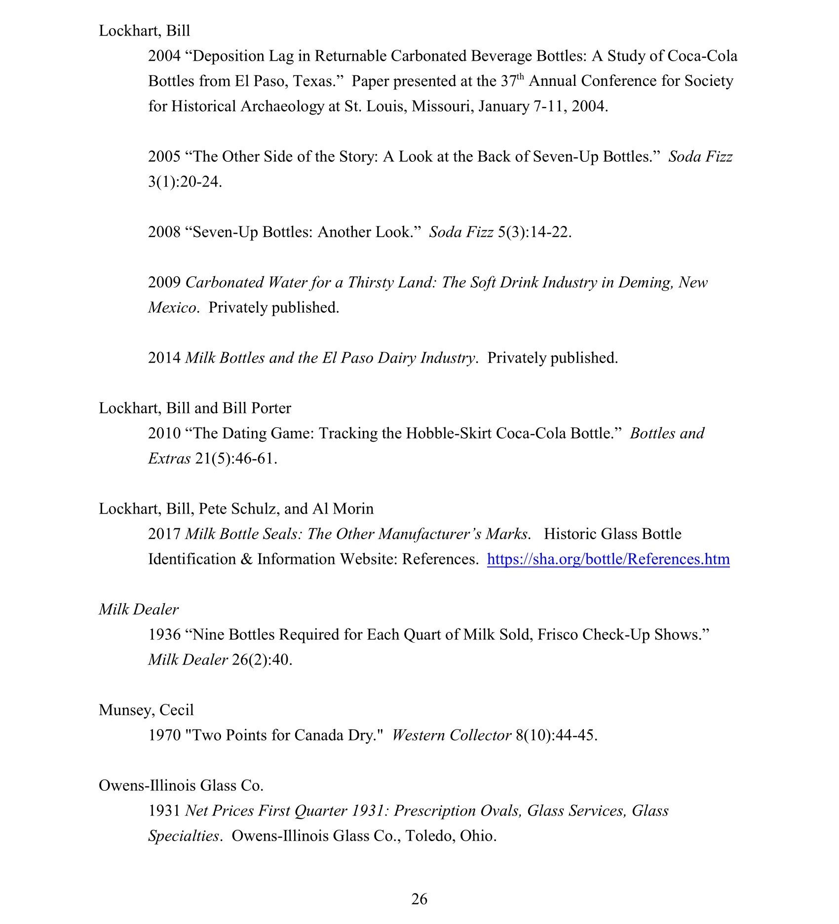 Page from a scholarly bibliography or reference list for scientific papers and publications about bottles, glass, and related topics, with publication years ranging from 1931 to 2017.