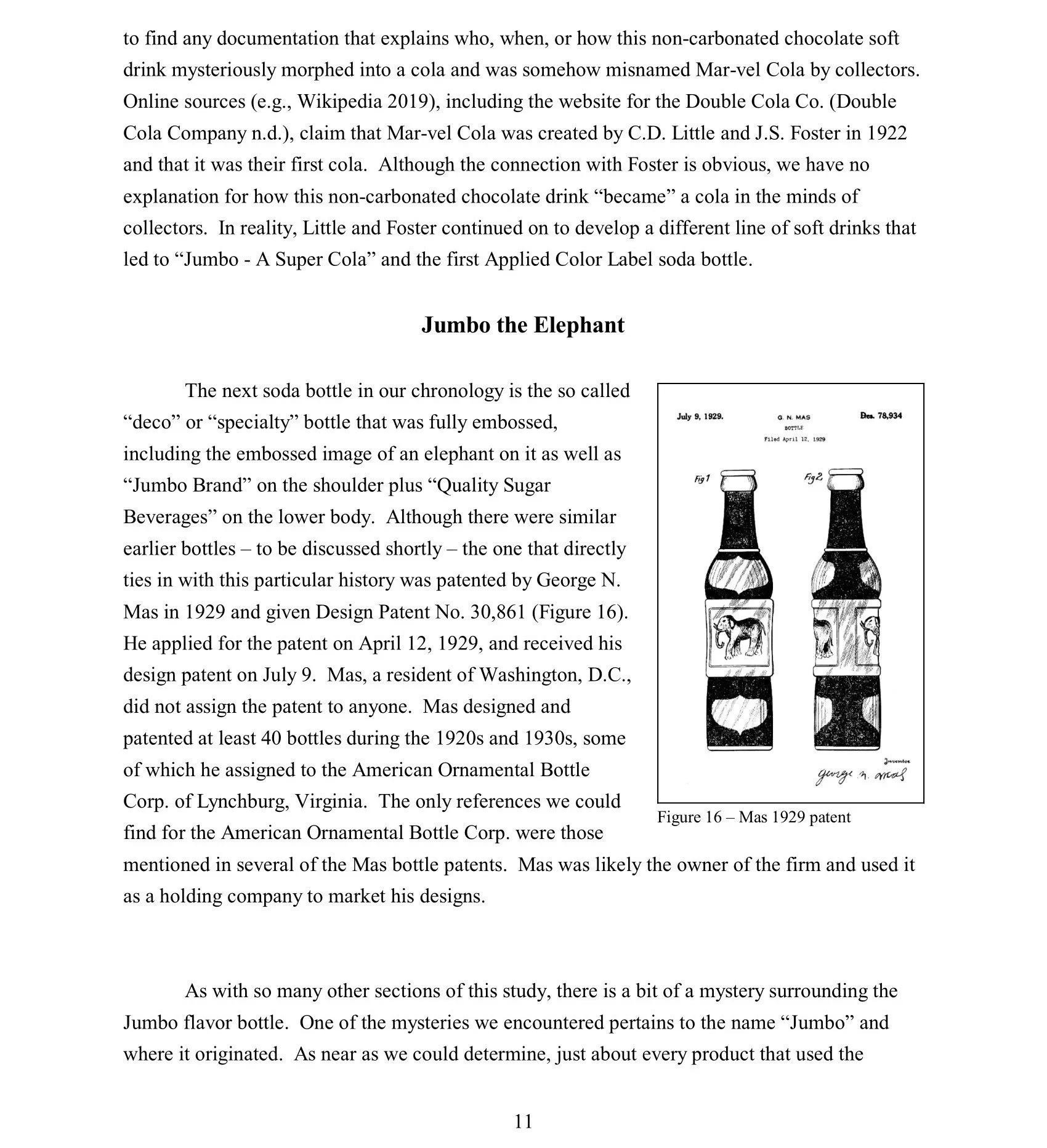 A scanned page of a document with text about the history of soft drinks, specifically mentioning 'Jumbo - A Super Cola' and the 'Mass 1929' patent. It includes a small black-and-white illustration of two vintage soda bottles with elephant images on l
