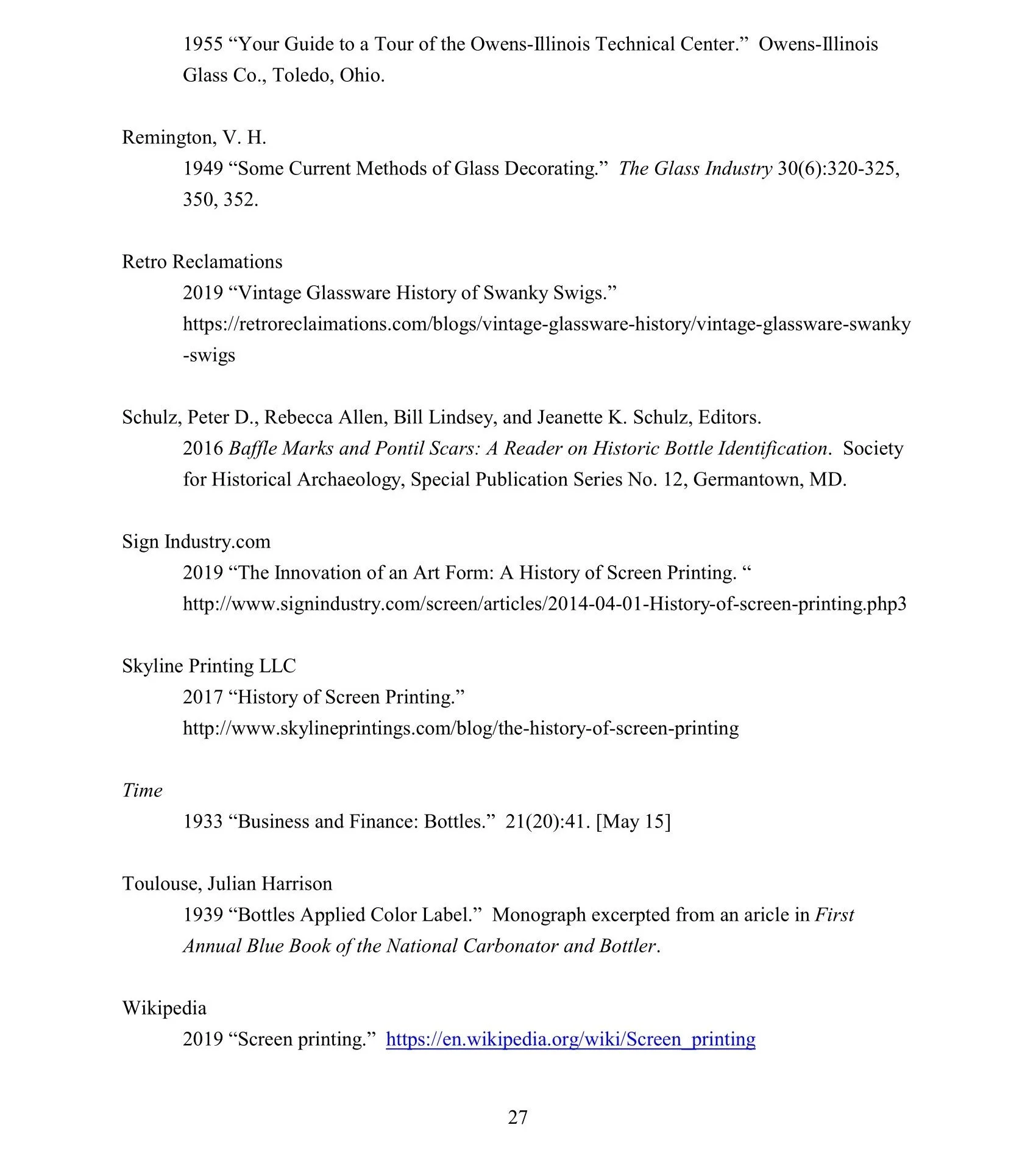 A page from a bibliography or references section of a document, listing titles, authors, publication years, and sources related to glassware, printing, bottles, and screen printing.