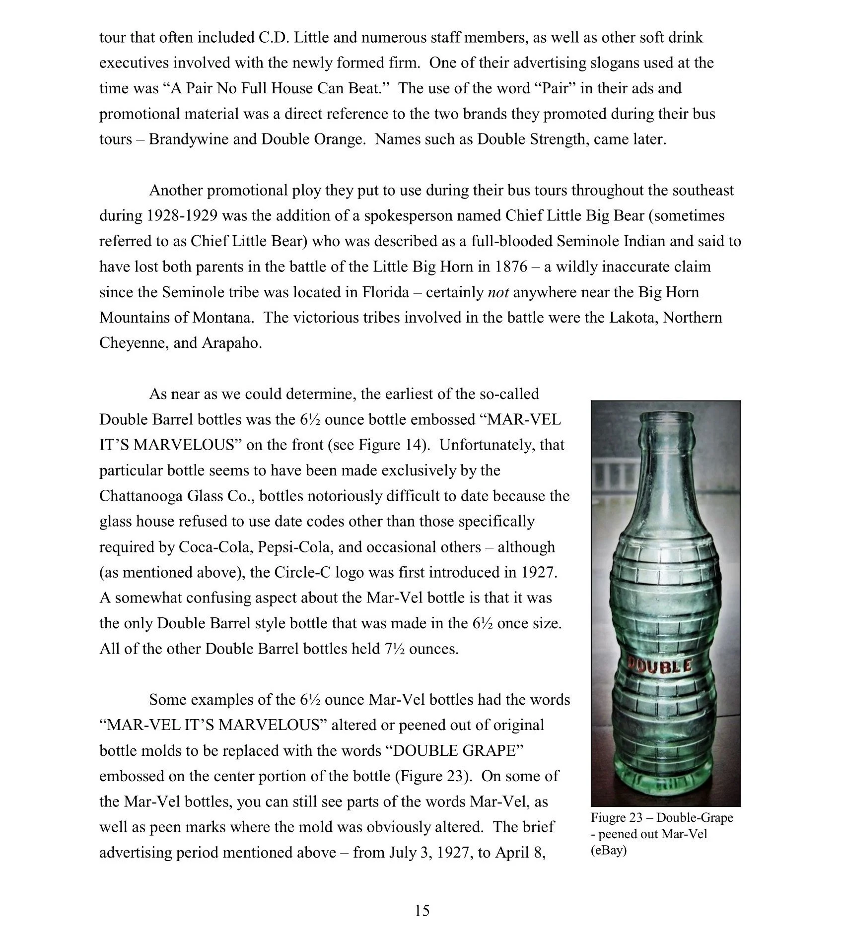 A green glass bottle with the word 'DOUBLE' embossed near the bottom. The bottle has a ribbed design and a narrow neck. It is placed against a backdrop of printed text from a book or article, which is partially visible.