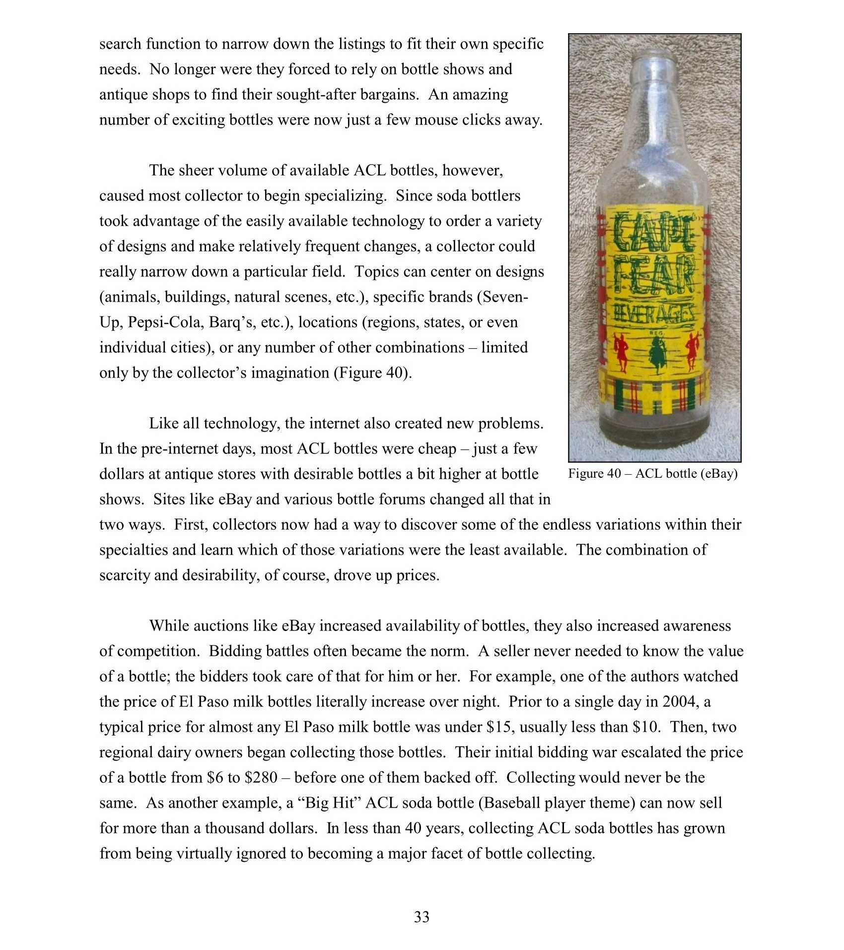Photo of an empty clear glass bottle with a yellow label that has red and green text reading "CAGE THE BEER" and a depiction of three figures, set on a textured beige surface.