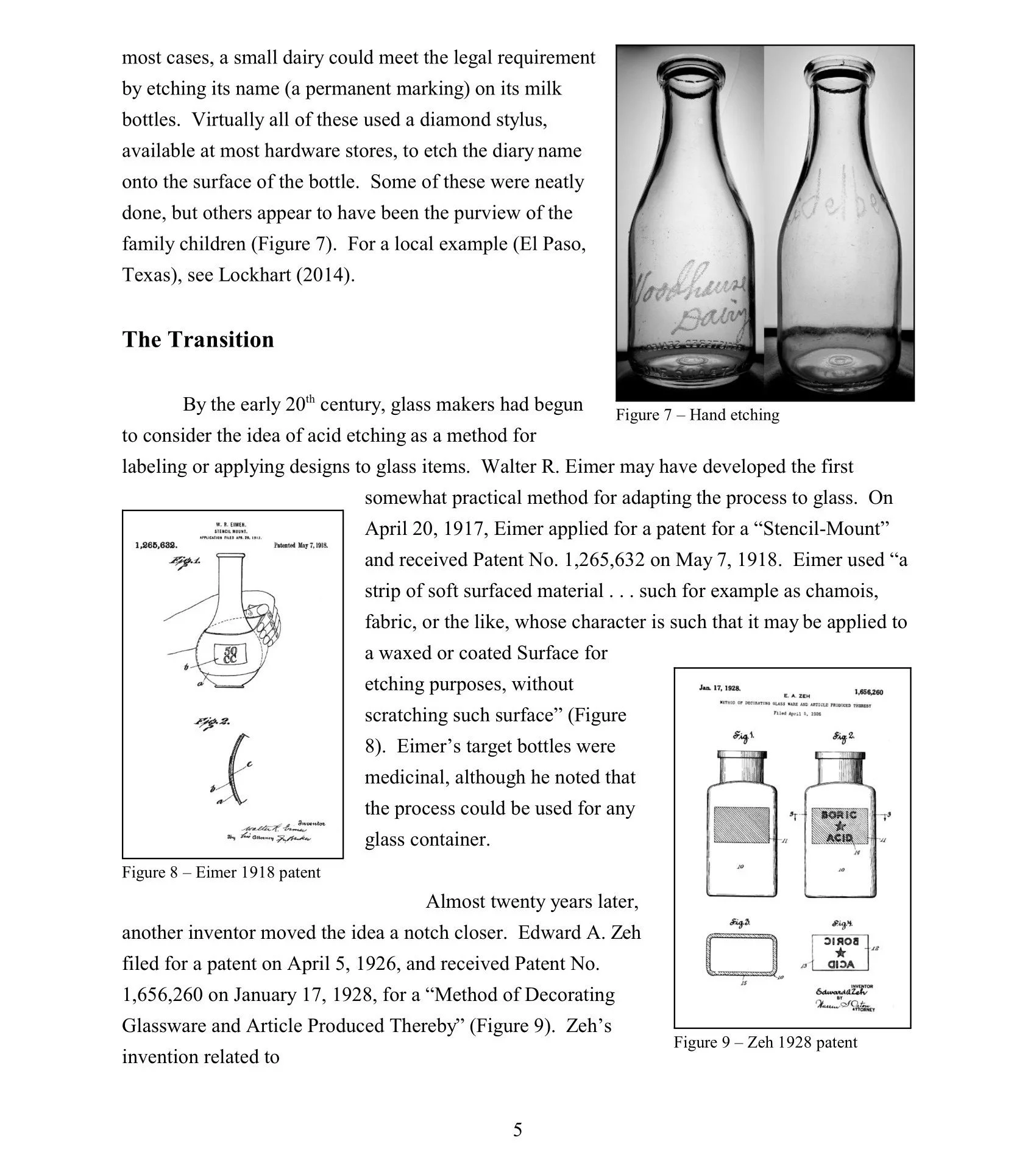 Black and white photograph of two glass bottles, one with handwritten text and the other plain, labeled as 'Figure 7 - Hand etching'.