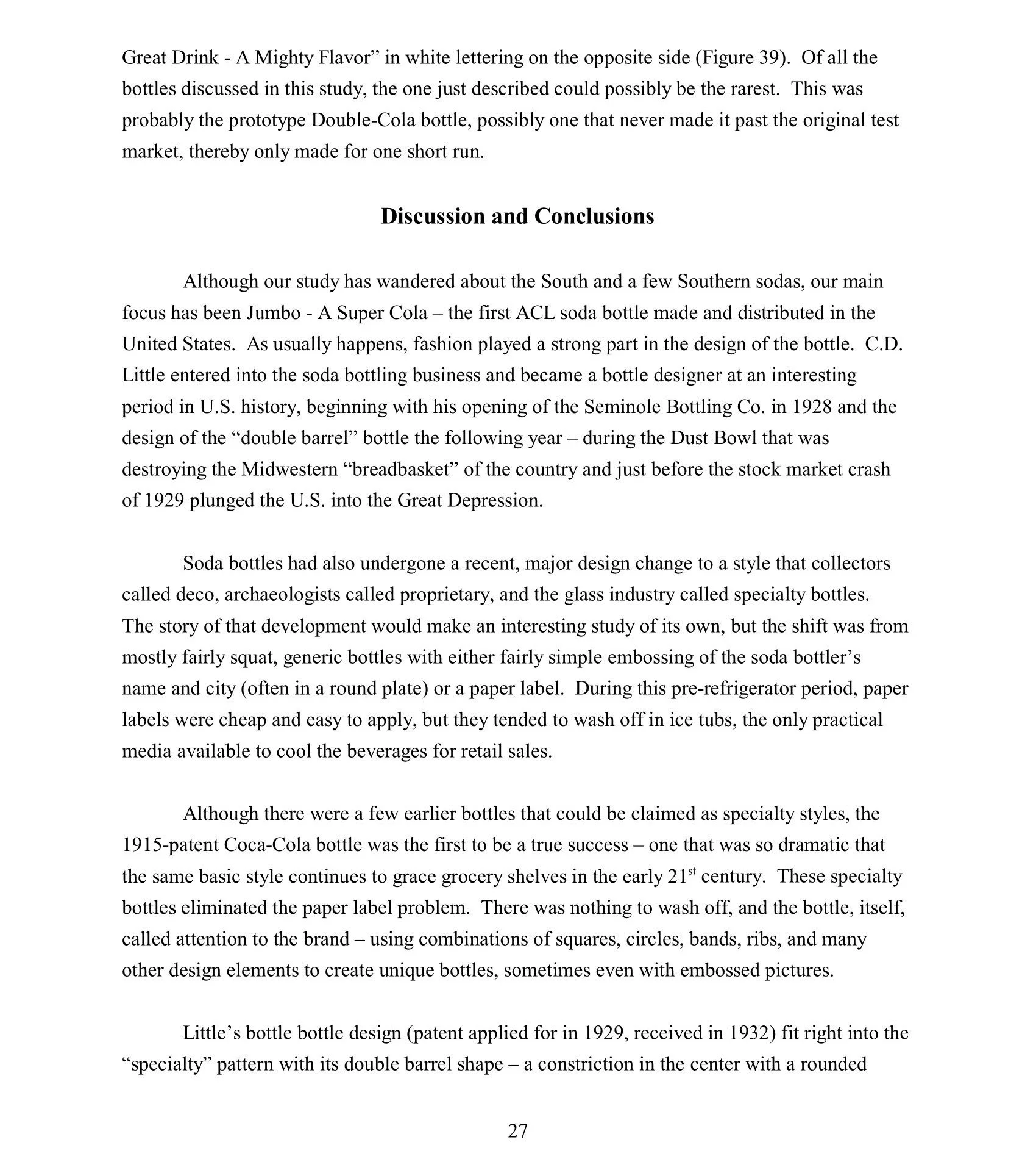 Page of a book discussing the history of soda bottles, including the design evolution of Coca-Cola bottles from 1915 to early 21st century.
