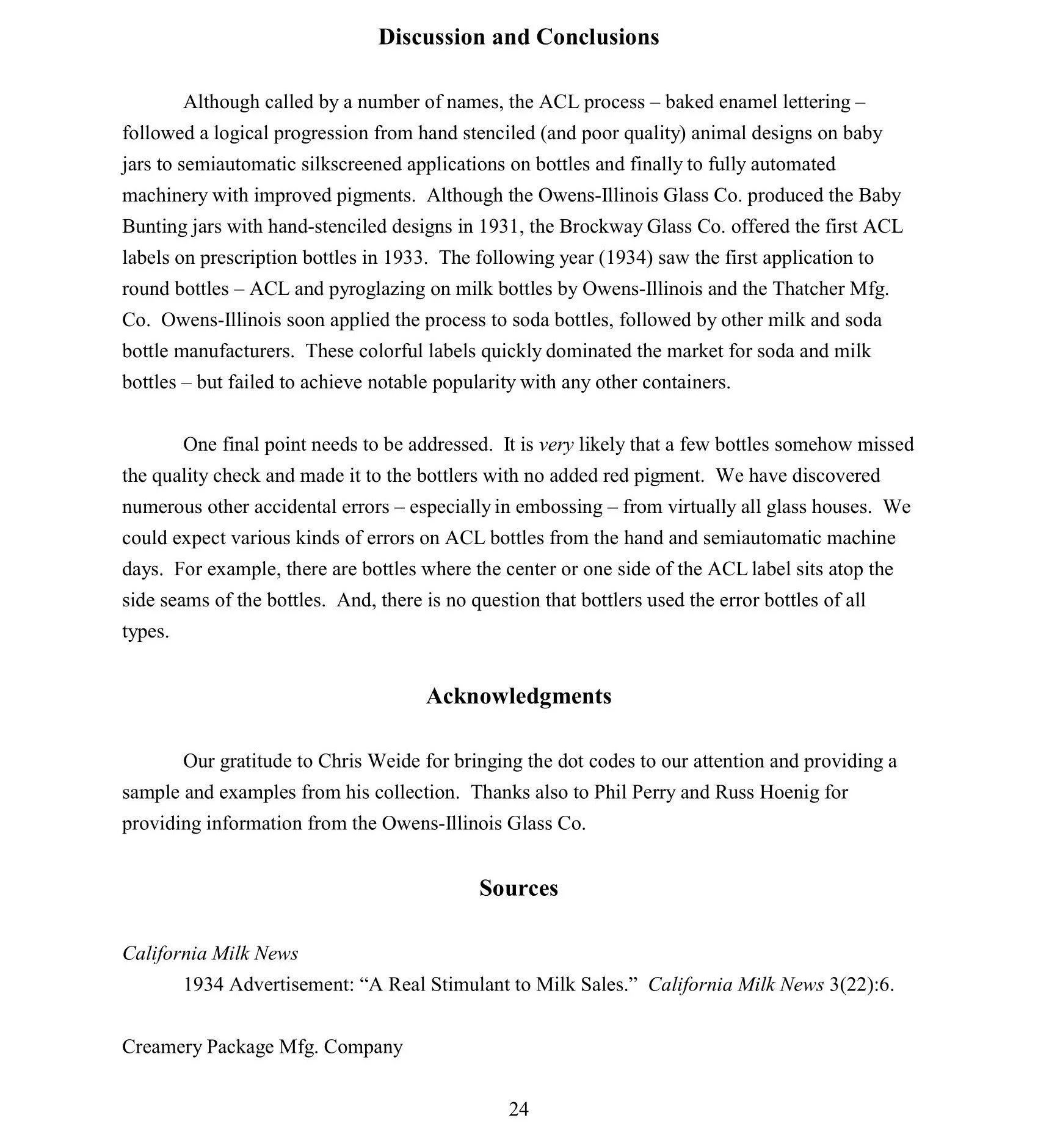 Page titled 'Discussion and Conclusions' from a document discussing the history of ACL processing and bottle labeling, with a section labeled 'Sources' at the bottom.