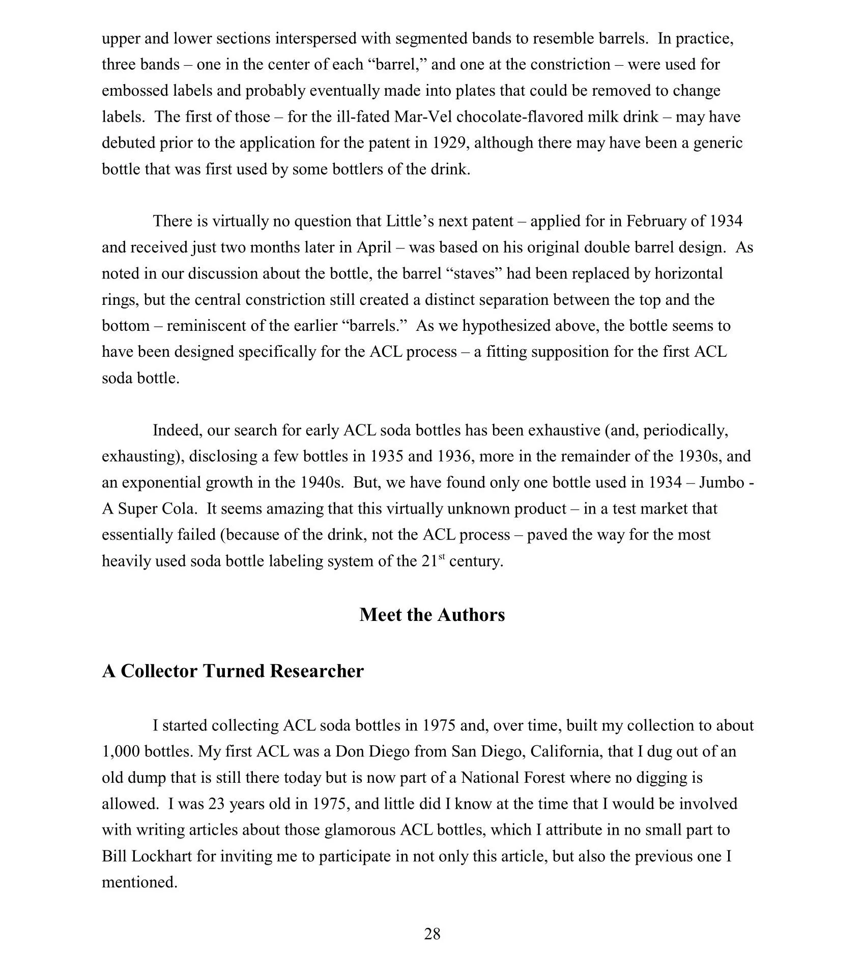 A page from a book or document discussing the history of ACL soda bottles, including details about the invention process, design features, and personal research experiences of the author.