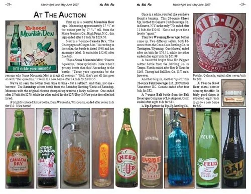 A collection of six vintage glass soda bottles from the early 20th century, including brands like Canada Dry, Stone Mountain Dew, Cheer Up, Hup, Felix, and B & B, with various colors such as green, clear, amber, blue, and black, displayed on a white background.
