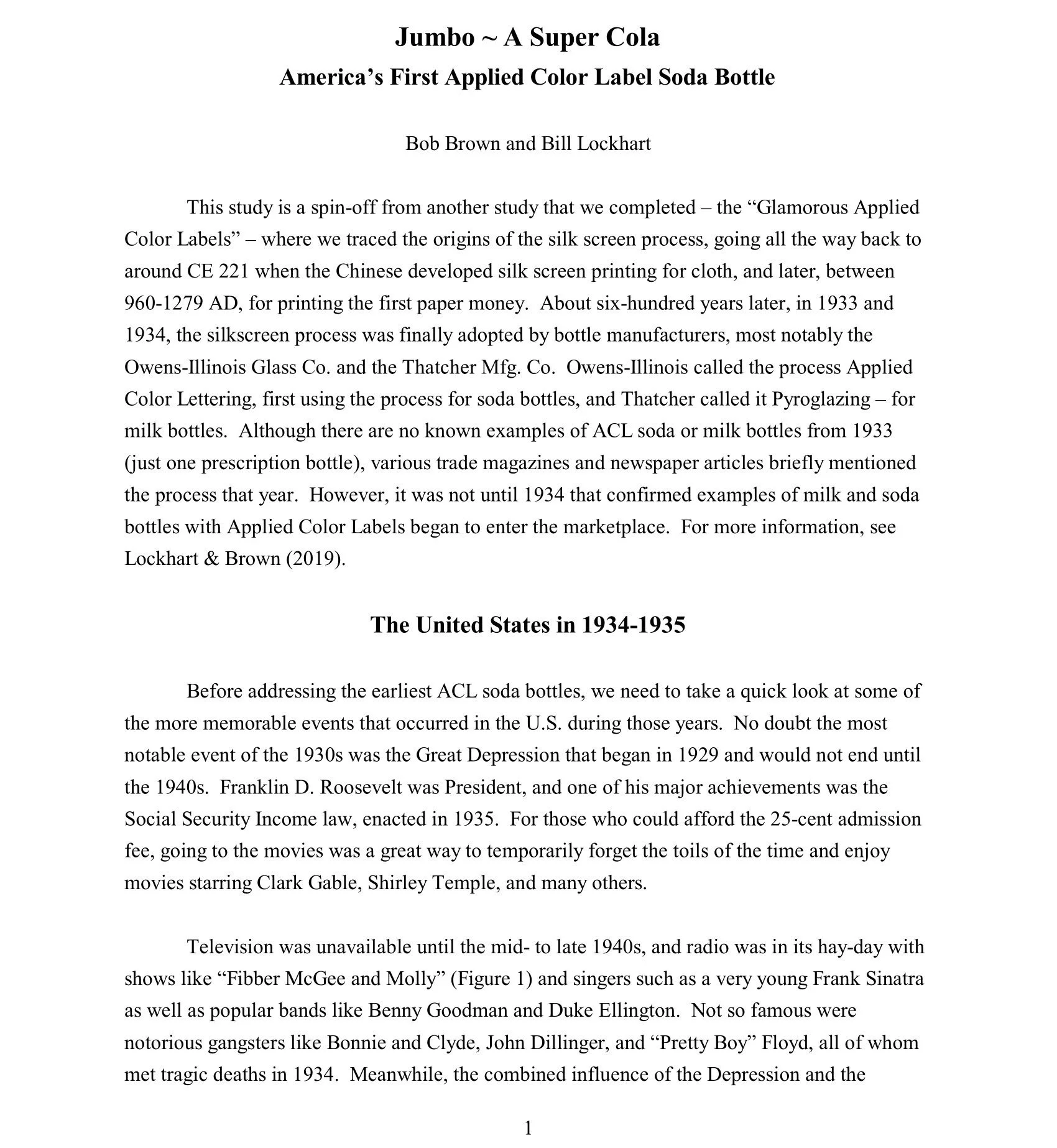 Page from a book or academic paper discussing the history of soda bottles, the development of applied color labels, and the social context of the American 1930s and 1940s, including figures like Franklin D. Roosevelt and Frank Sinatra.