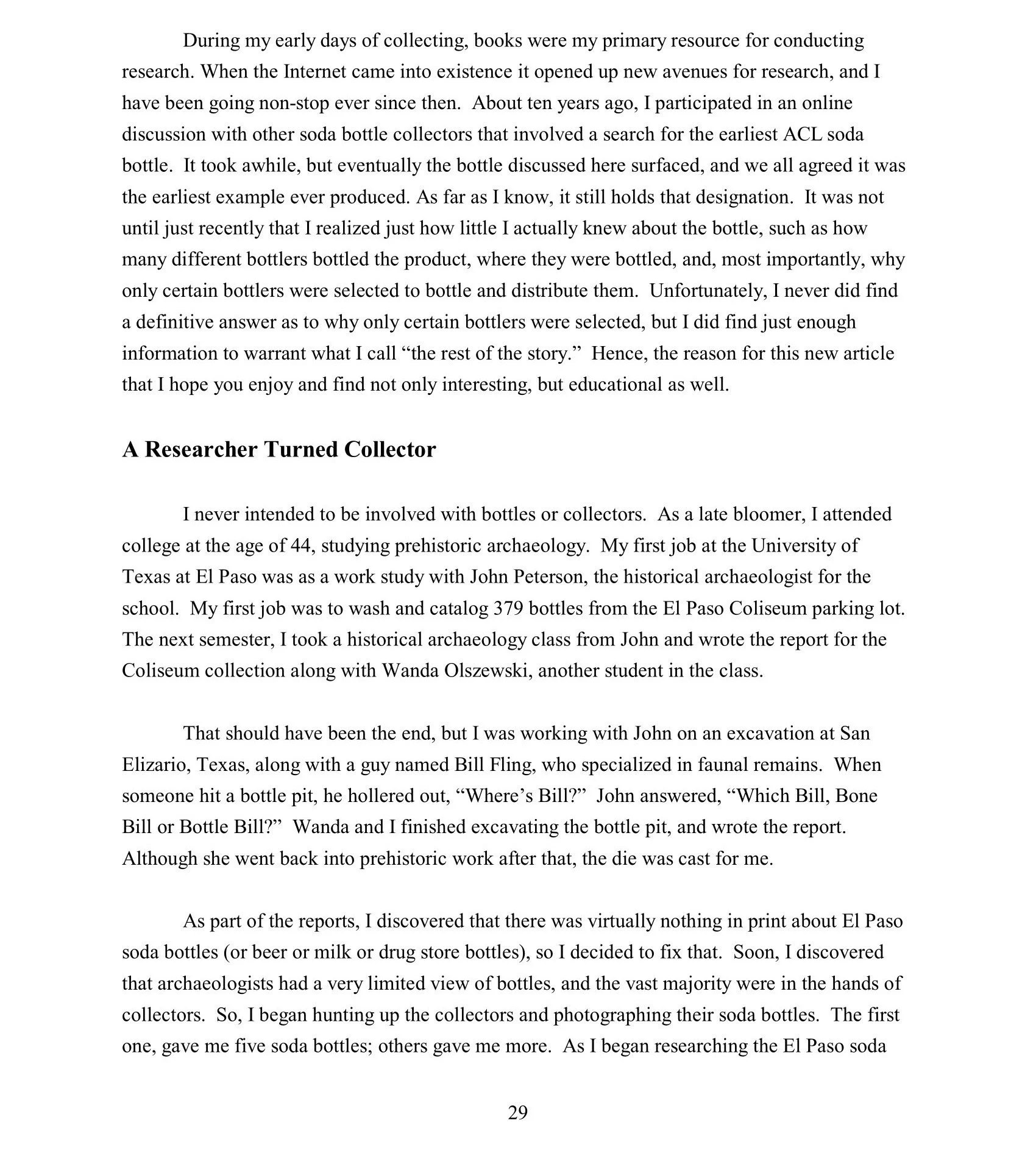Photograph of a printed book page with black text on white background, showing a personal narrative about collecting soda bottles and research.