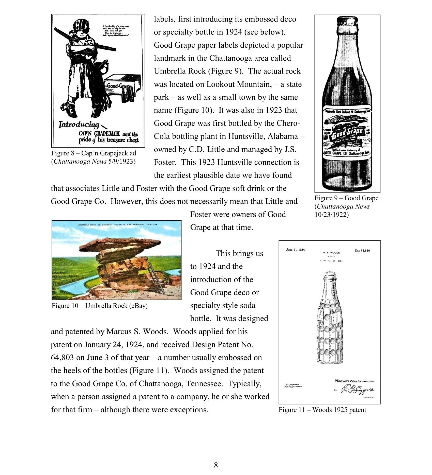 Page from a book with two images of vintage soda bottles. The left image shows a labeled illustration of a 'Cap'n Grapejack' soda bottle with a boy in a soldier costume holding a rifle. The right image depicts a detailed drawing of a 'Good Grape' sod