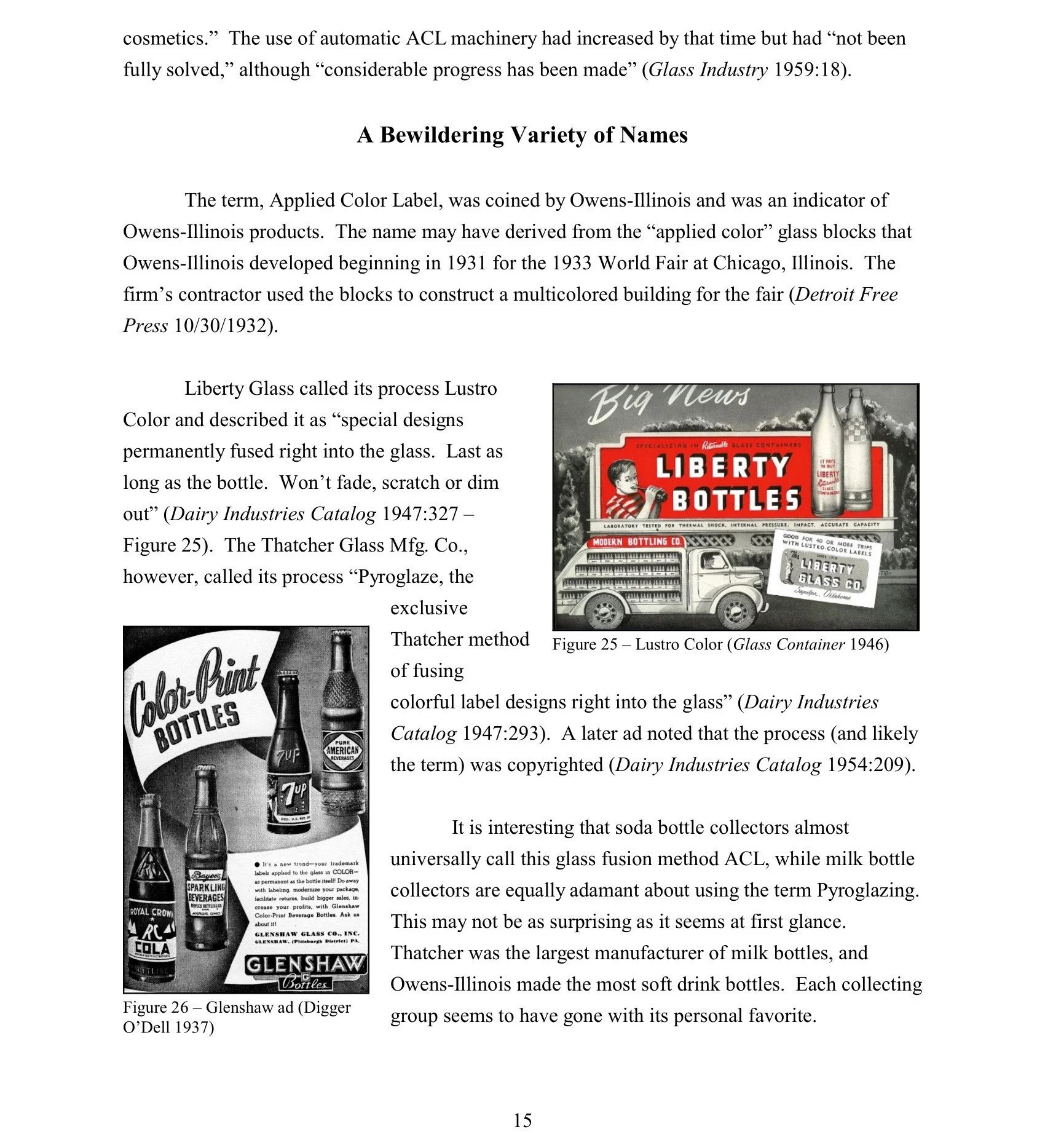 Black and white historical magazine or catalog page showing advertisements for Liberty Bottles, Glenshaw Bottle, and various soda bottles, with images of bottles and packaging.
