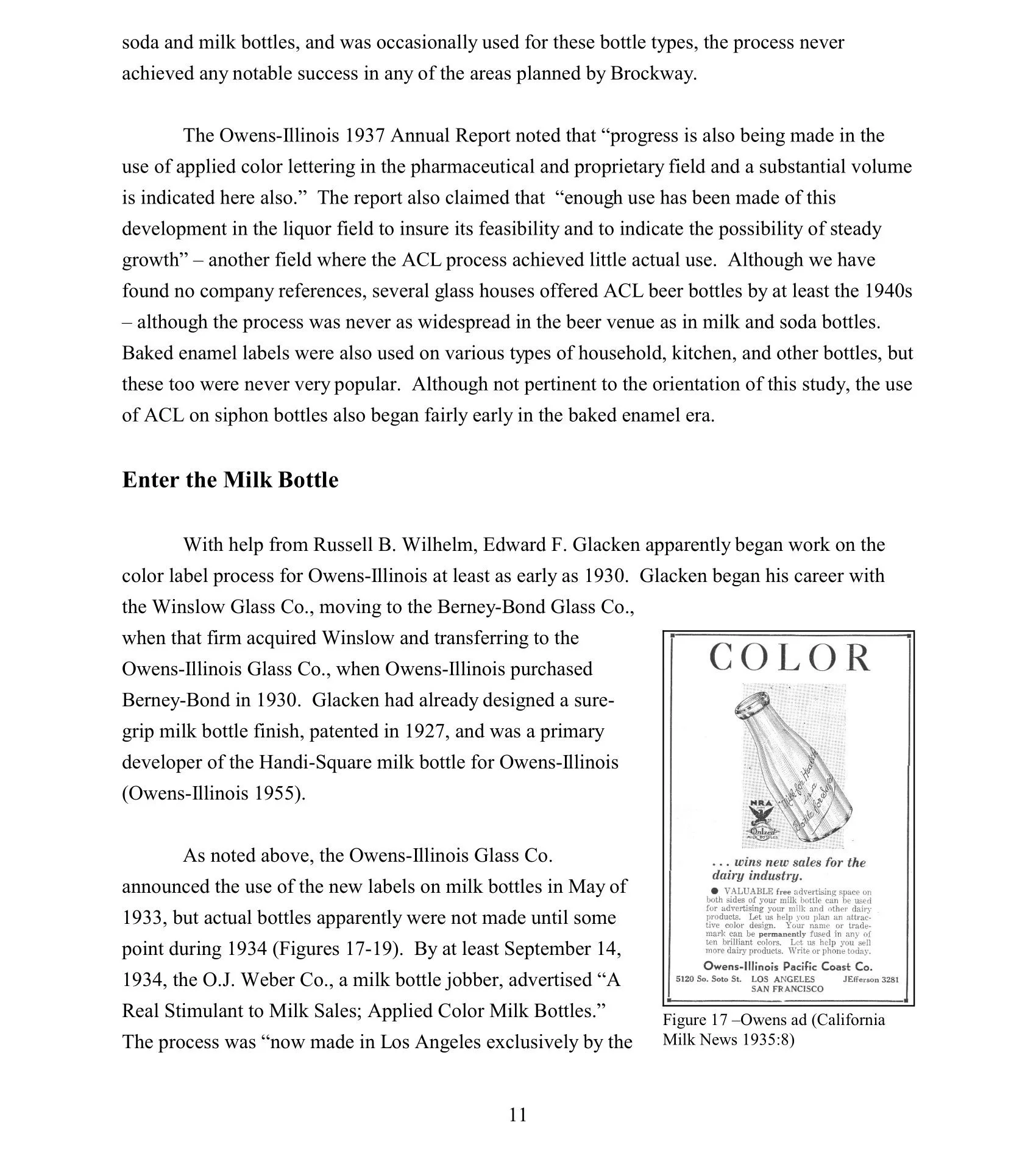 An advertisement for Owens-Illinois Pacific Coast Co. featuring a drawing of a milk bottle with the text "COLOR wins new sales for the dairy industry." The ad includes details about the company's advertising space and contact information, with a capt