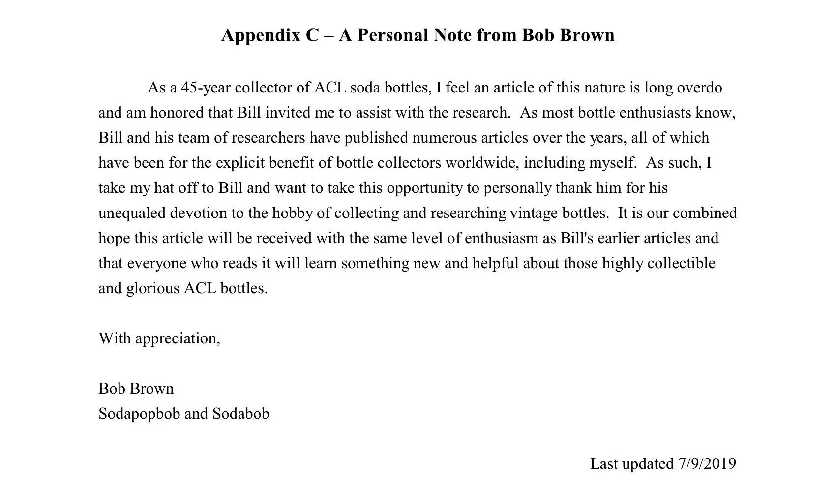 A scanned letter titled "Appendix C - A Personal Note from Bob Brown" discussing his passion for collecting ACL soda bottles, thanking Bill for his research assistance. The letter is signed "Bob Brown, Sodapoppob and Sodabob" and indicates it was las