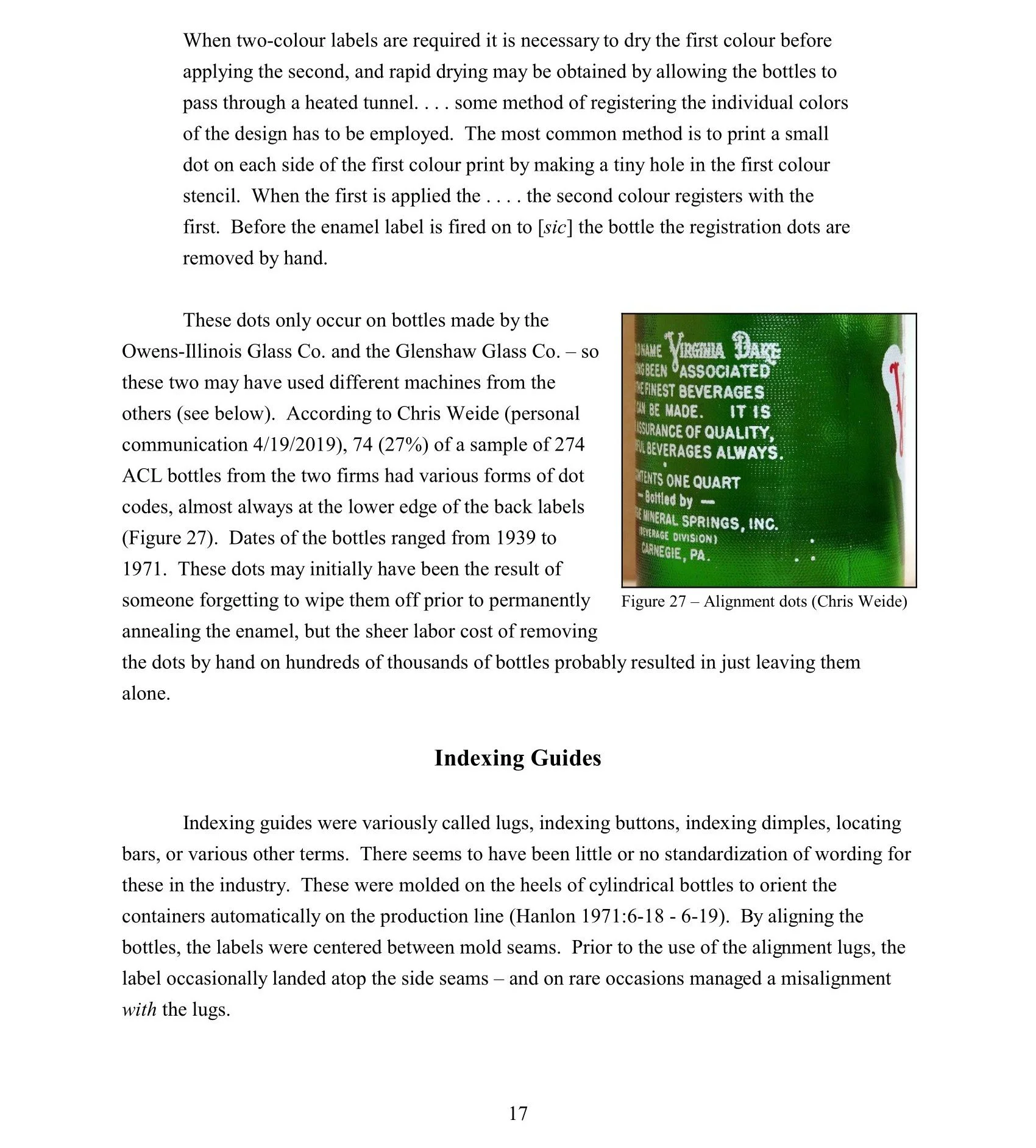 A page from a book or document discussing the process of applying two-color labels on bottles, with a small photograph of a green bottle on the right side showing alignment dots. The text explains methods for registering colors and the use of dots on