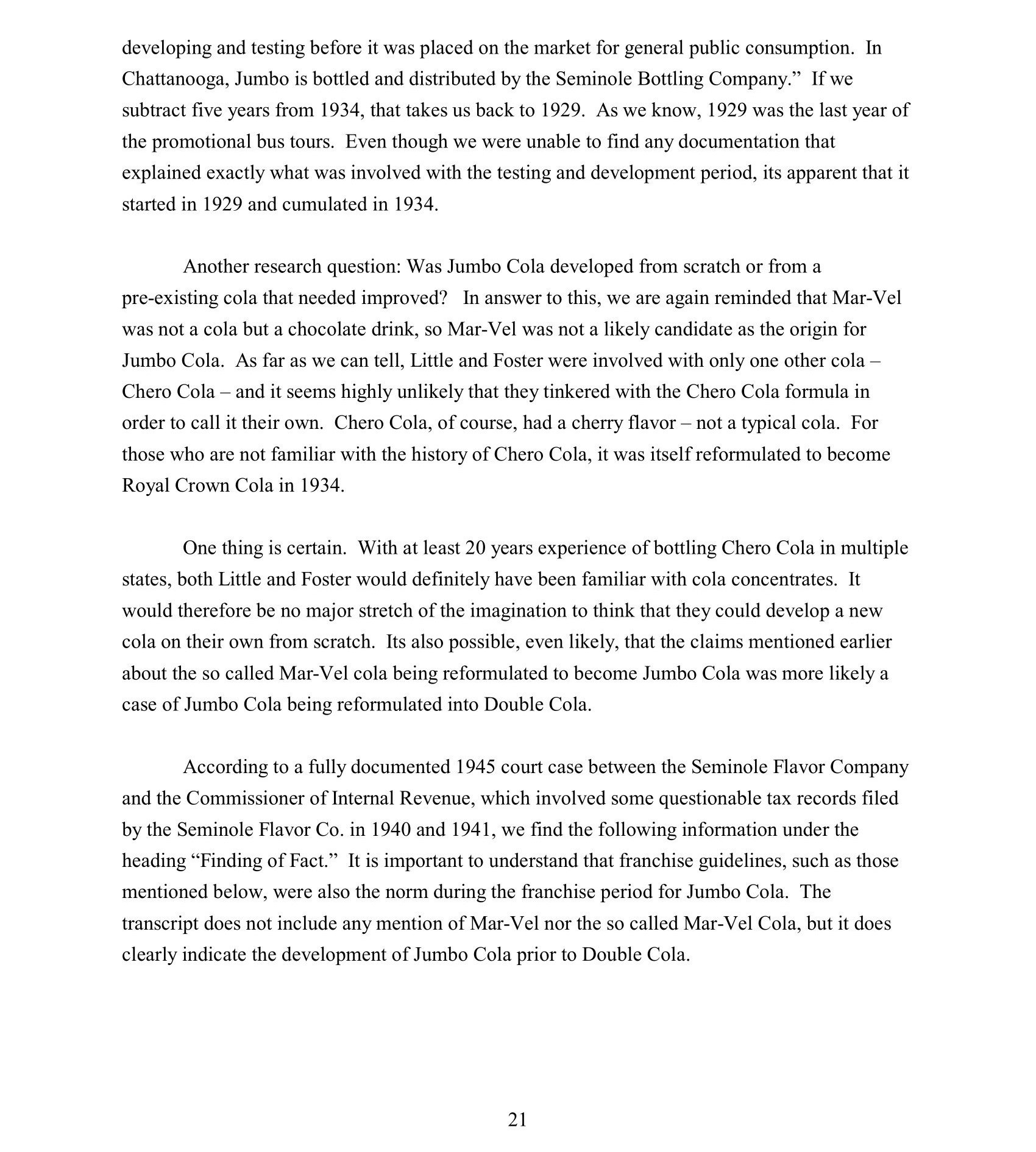 Page 21 of a text discussing the history and development of Jumbo Cola, mentioning research, court cases, and franchise guidelines.