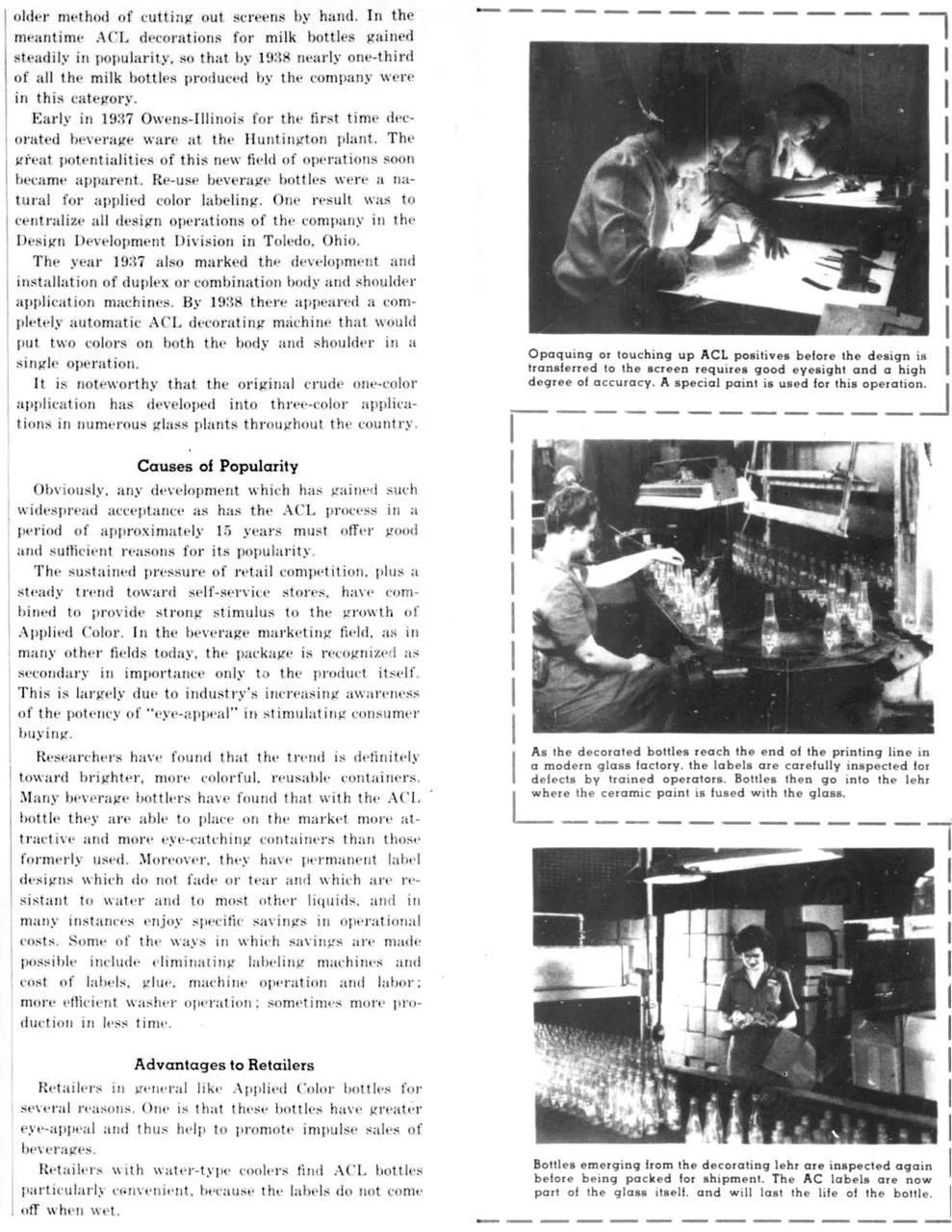 Photographs showing the process of applying ACL positive labels to glass beverage bottles in a factory, including touching up positives, inspecting bottles, and bottles coming out of the decorating lehr.