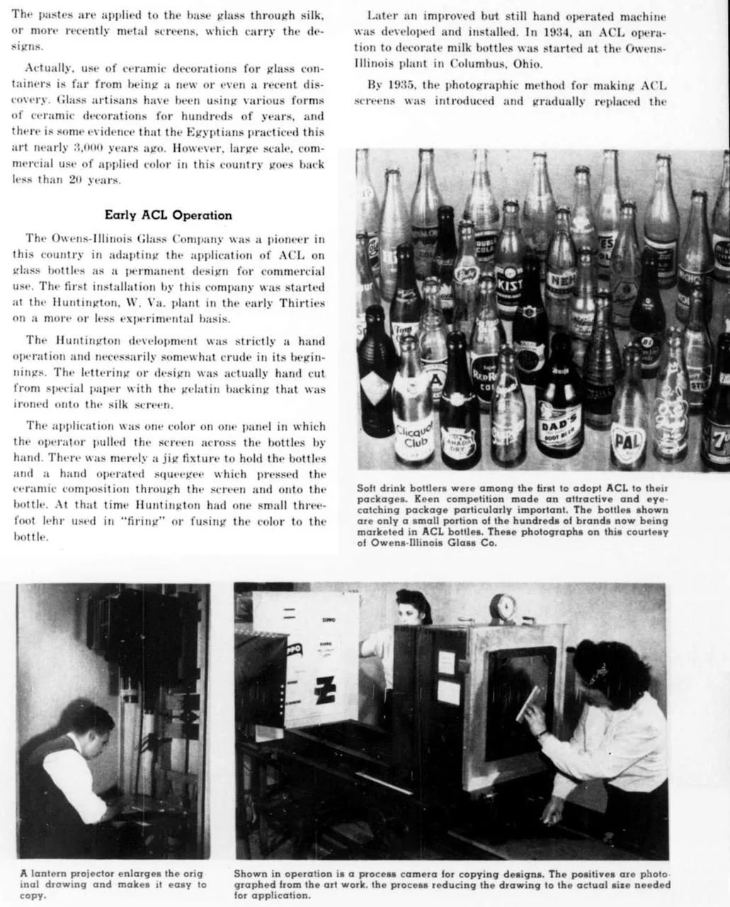 Photograph of a process camera used for copying designs in a laboratory setting, with a person operating the equipment and another person adjusting an enlarger or projector. The process camera is used to reduce drawings to the actual size needed for 