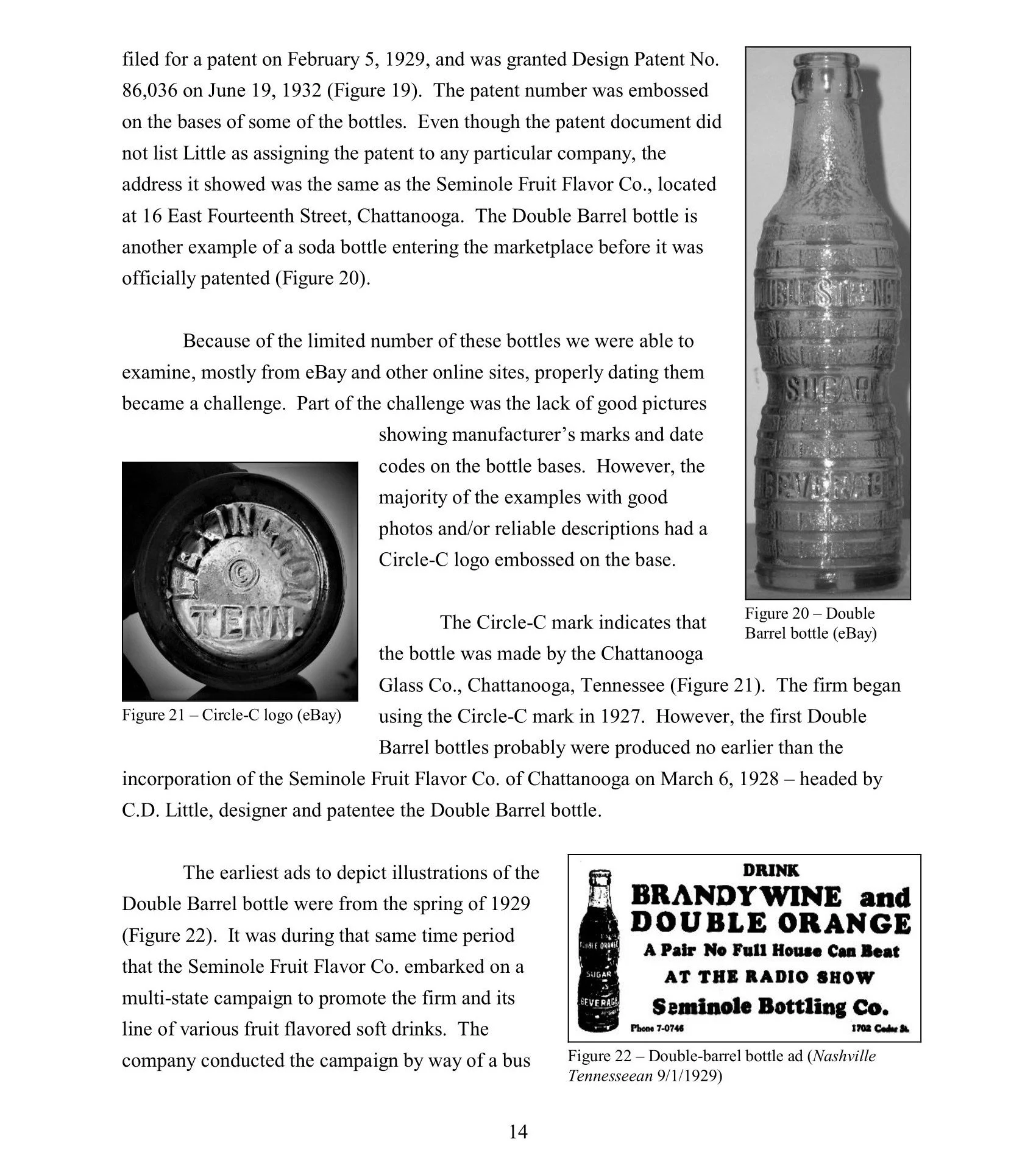 A black-and-white illustration of a double barrel bottle with engraved labels, displayed vertically, with the caption 'Figure 20 - Double Barrel Bottle (eBay)'.
