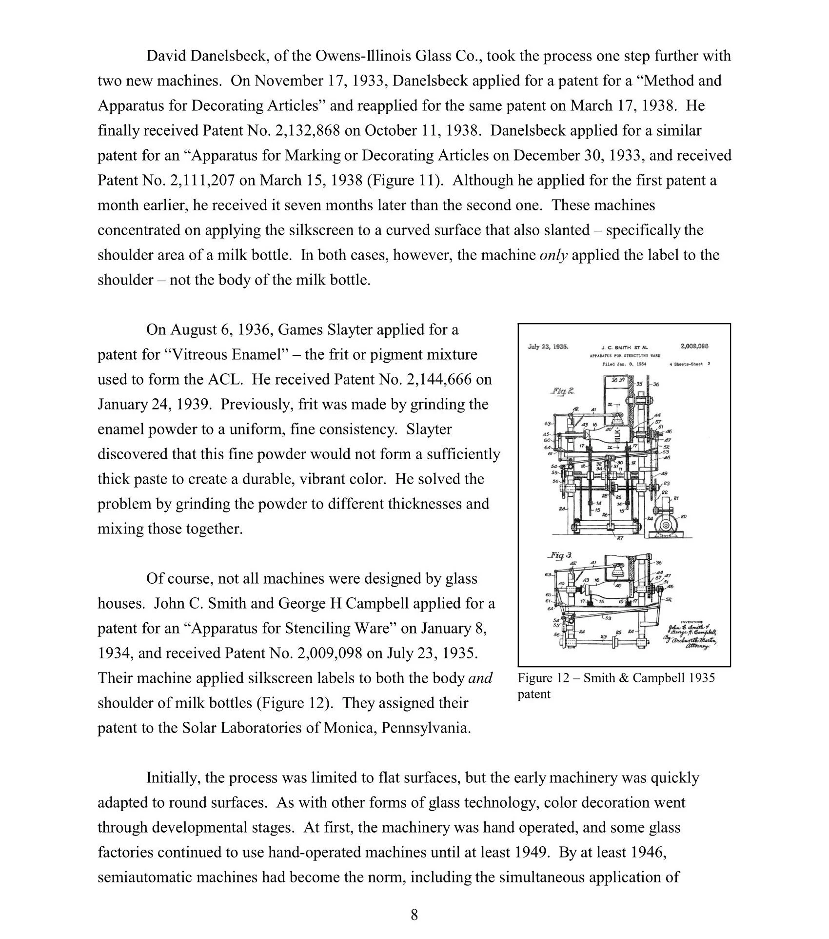 A page from a technical document describing early machinery, including a black and white diagram of a stenciling machine with labeled parts.